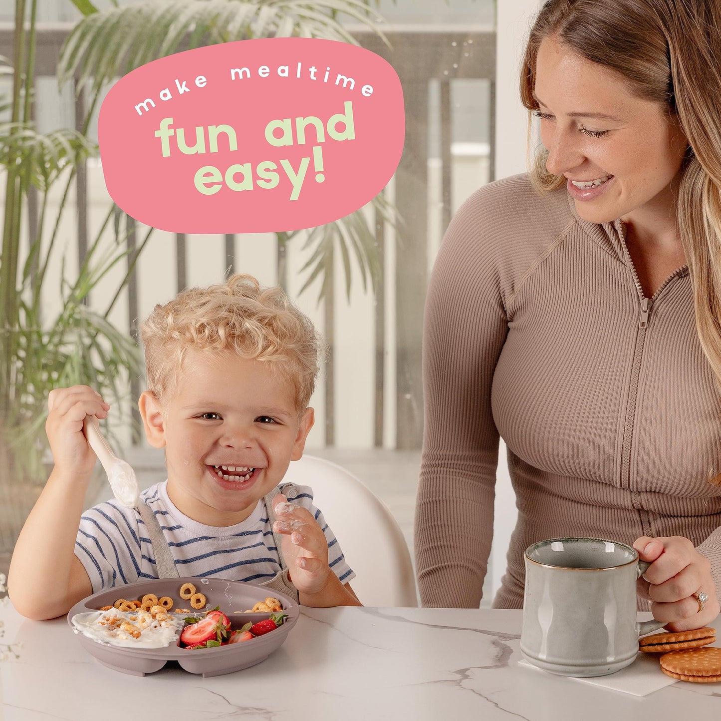 ChériKid Suction Plates for Baby, Toddlers - FEATURES SUPER STRONG QUADRUPLE SUCTION - 100% Food Grade Silicone Toddler Plates with Suction - Unbreakable Divided Kids Baby Plates with Suction Plate