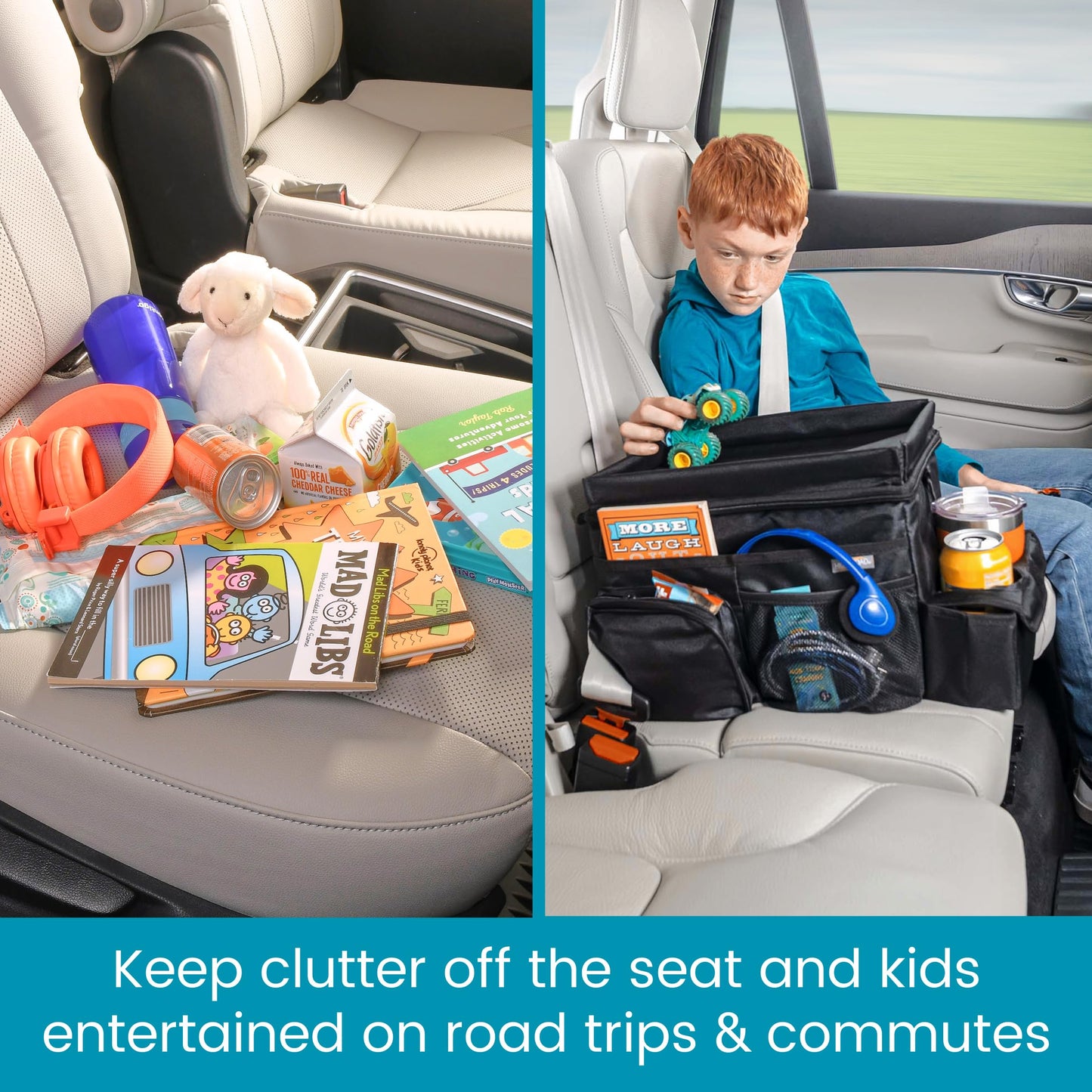 High Road CarHop Organizador de asiento de coche para el asiento delantero o trasero para niños y adultos con bandeja para portavasos y bolsillos laterales y compartimento para enfriador