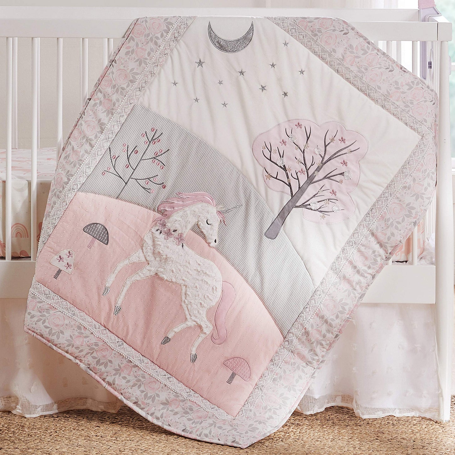 Levtex Baby - Colette Crib Bed Set - Baby Nursery Set - Grey Pink White - Unicorn - 5 Piece Set Includes Quilt, Two Fitted Sheets, Wall Decal & Skirt/Dust Ruffle