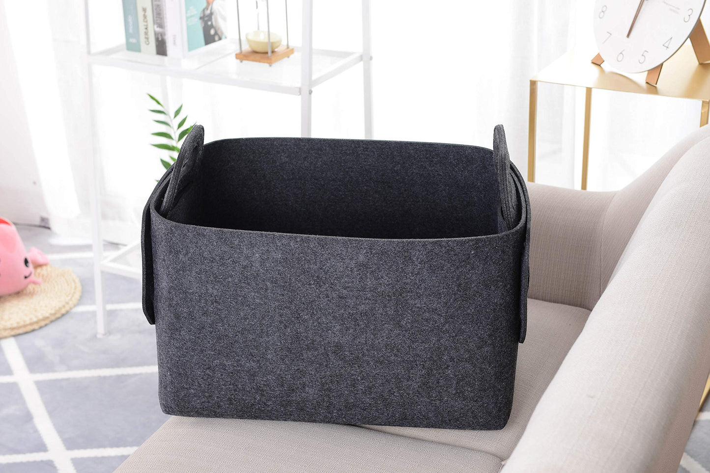 Cesta de almacenamiento de fieltro plegable y conveniente organizador con asas de transporte para oficina, recámara, clóset, bebé, juguetes de guardería, lavandería (gris oscuro, 19.8 pulgadas de