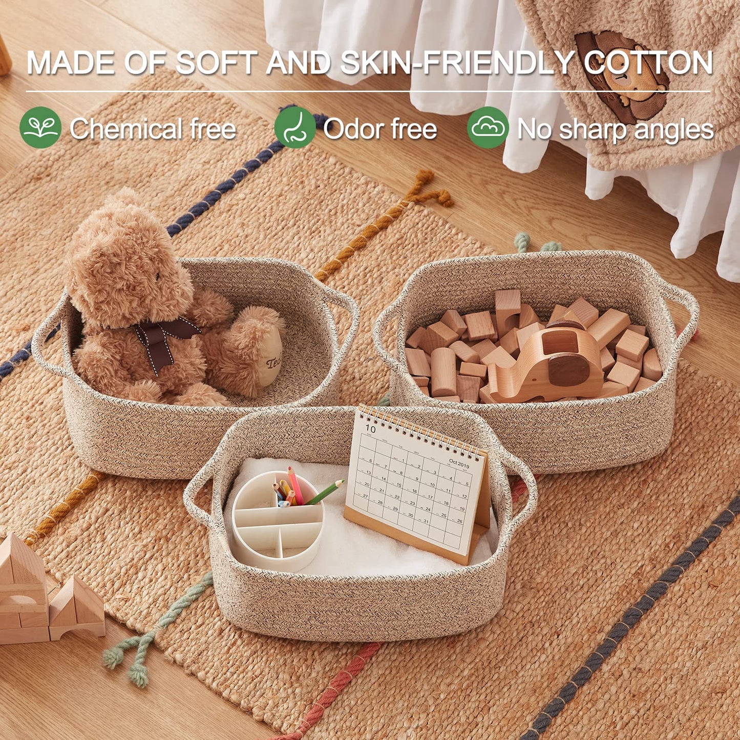 OIAHOMY - Cestas de cuerda de algodón, cestas tejidas para almacenamiento, cestas de almacenamiento para guardería, cesta de almacenamiento rectangular con asas, cestas de almacenamiento para estantes