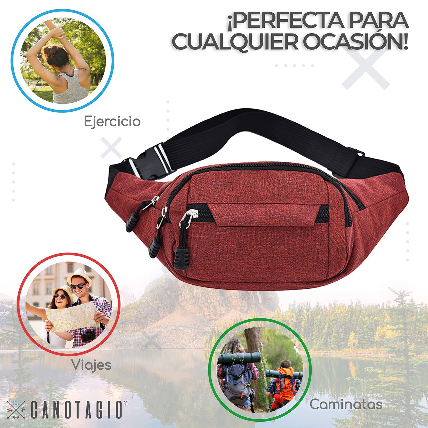 Canotagio Cangurera Deportiva de Viaje con Tela Impermeable de Amplia Capacidad. Para Hombre y Mujer. Excelente Riñonera de Viaje Ajustable. Fanny Pack/Running Belt/Travel Pouch. (Roja)