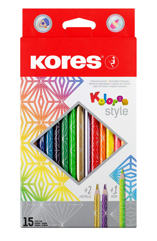 Kores - Kolores Estilo: 15 lápices de colores para niños, principiantes y adultos, tonos metálicos y neón para papel blanco, oscuro y artesanal, juego de 15 colores surtidos