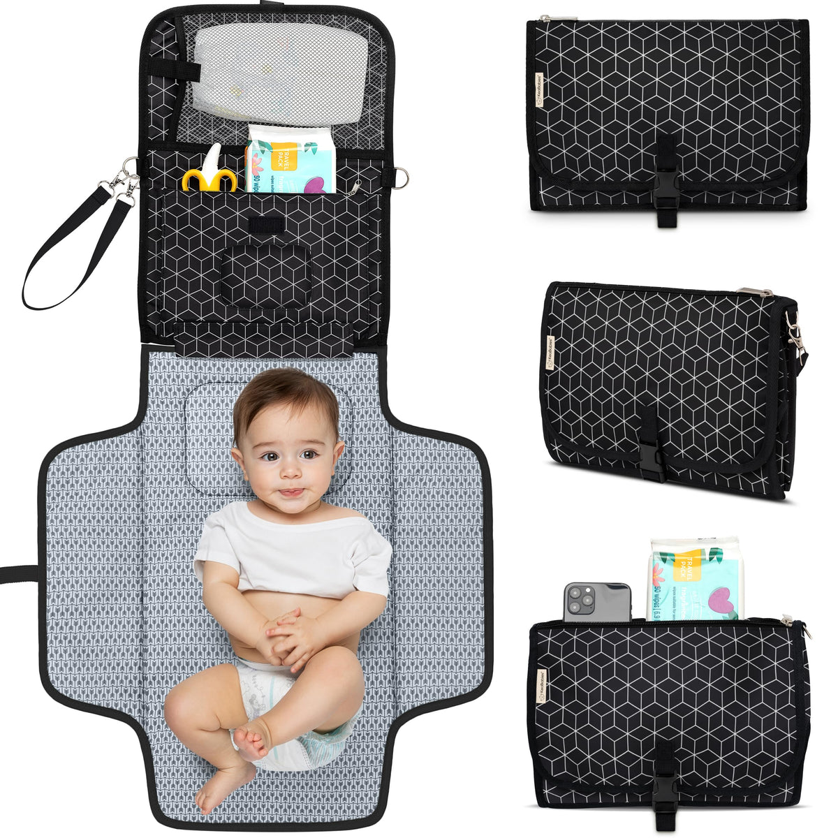 KeaBabies Cambiador portátil de pañales – Cambiador de viaje impermeable para bebé, plegable para pañales de bebé, pañal desmontable para la estación de cambio de pañales, tapete para cambio de pañales (Geo