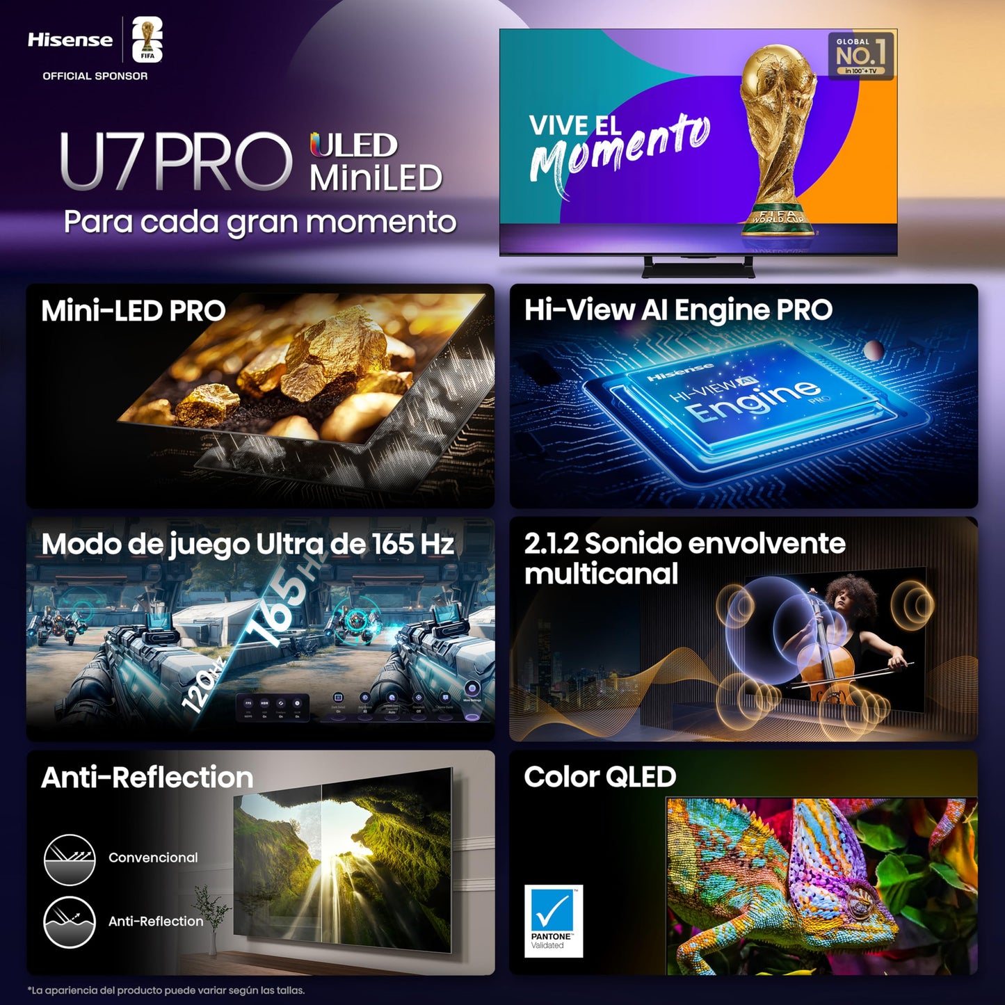 Hisense Television U7QG Pro(Modelo 2025) Pantalla 55 Pulgadas,Mini-LED Pro Smart Google TV UHD 4K,Control Remoto por Voz con Alexa,Modo de Juego Ultra de 165 Hz,Hi-View AI Engine Pro