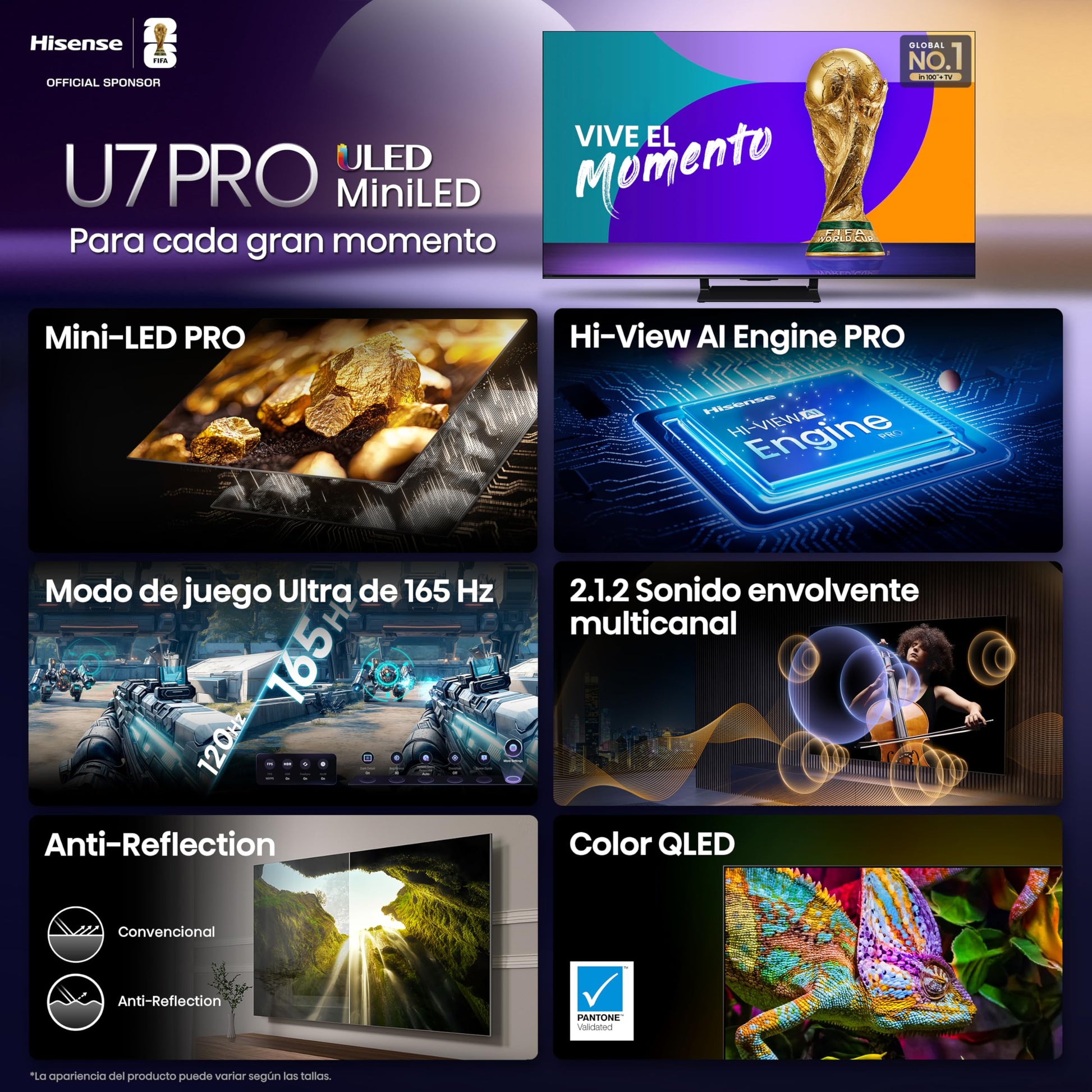 Hisense Television U7QG Pro(Modelo 2025) Pantalla 55 Pulgadas,Mini-LED Pro Smart Google TV UHD 4K,Control Remoto por Voz con Alexa,Modo de Juego Ultra de 165 Hz,Hi-View AI Engine Pro