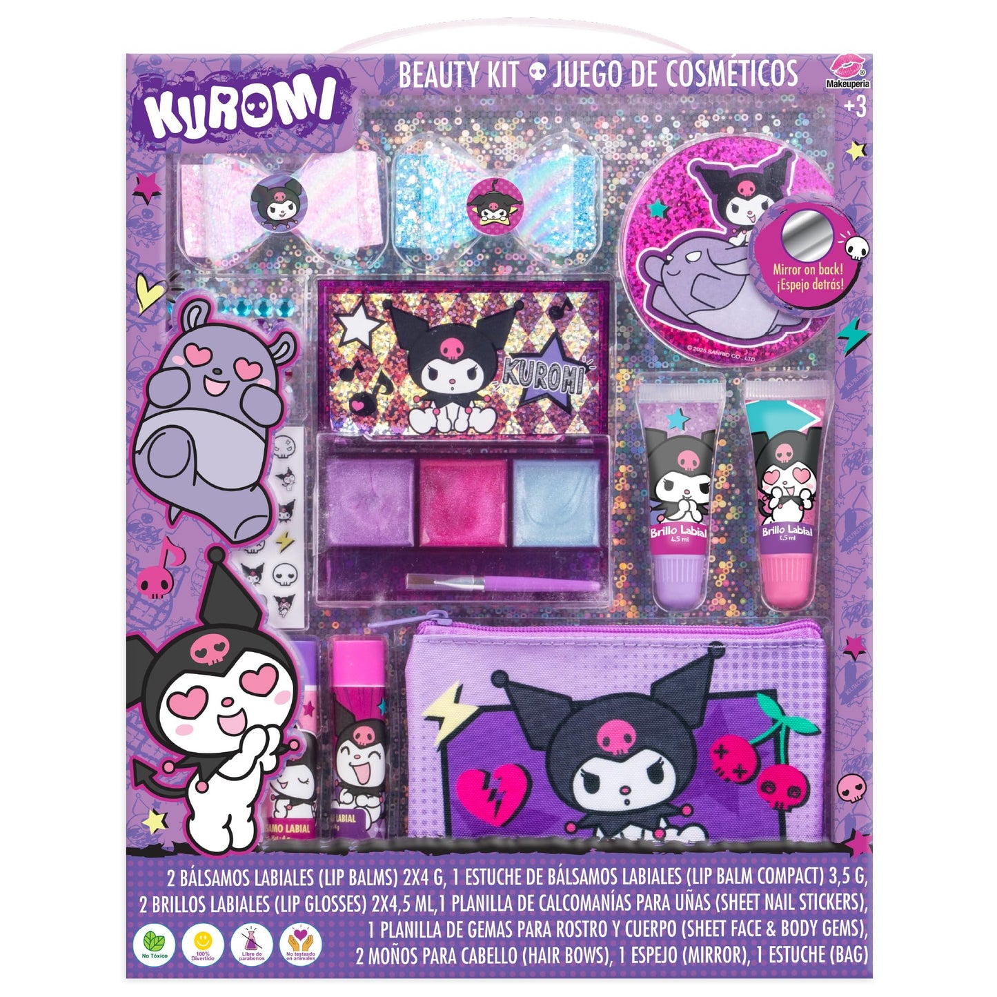 MAKEUPERIA Maquillaje para Niñas de Kuromi, Set de Maquillaje Infantil Lavable con Bálsamos, Brillos, Paleta con Brocha, Clips, Espejo y Bolsa de PVC, Regalo Seguro y Adorable