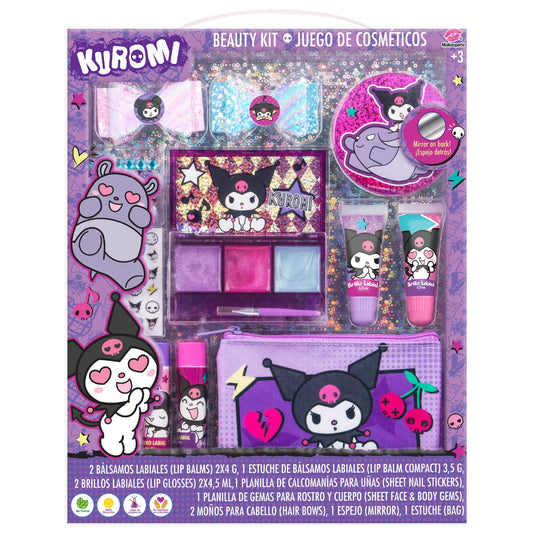 MAKEUPERIA Maquillaje para Niñas de Kuromi, Set de Maquillaje Infantil Lavable con Bálsamos, Brillos, Paleta con Brocha, Clips, Espejo y Bolsa de PVC, Regalo Seguro y Adorable