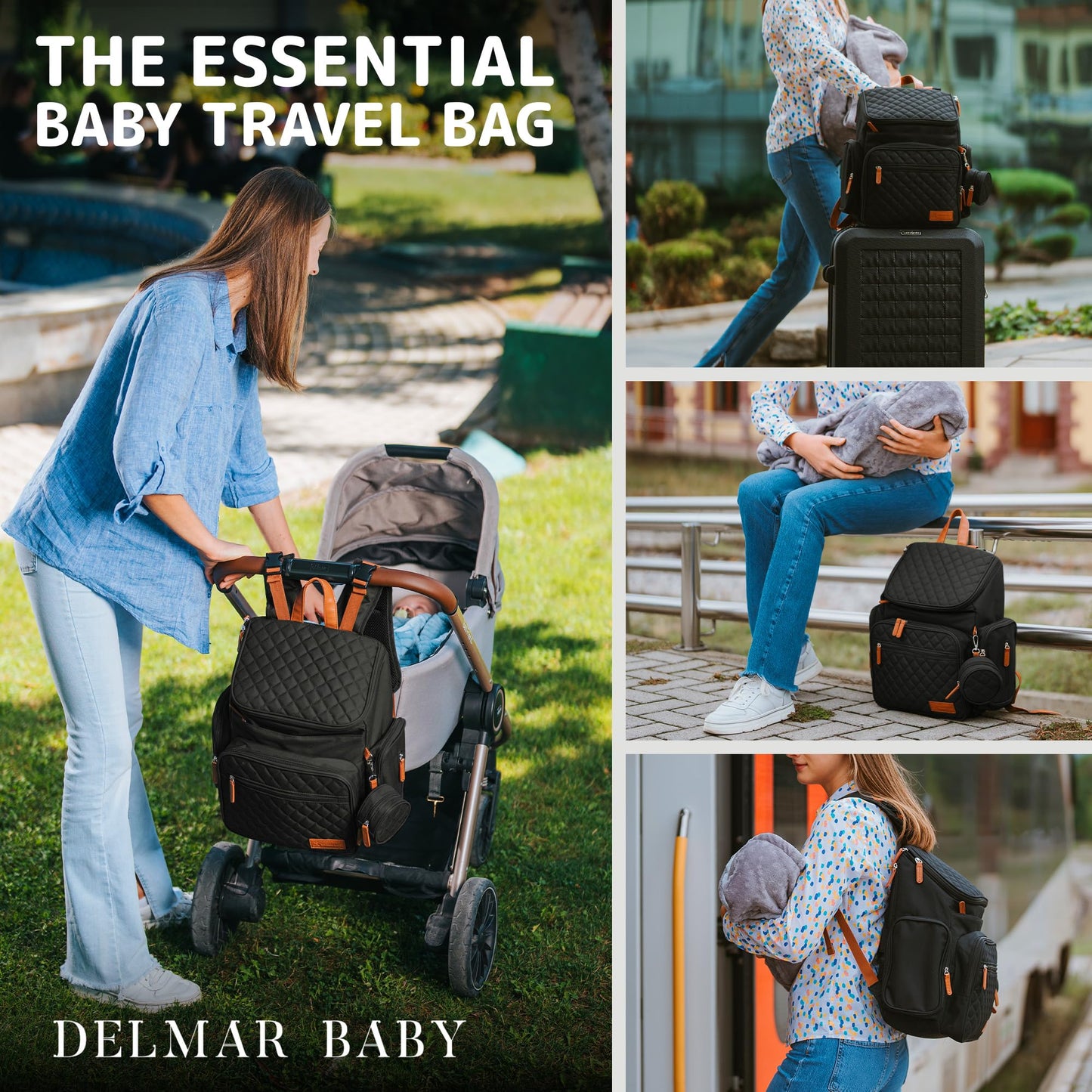 DELMAR BABY - Mochila grande para pañales – New Born Essentials para bebé – Mochila unisex para pañales, verde militar, Negro -, Large, Bolsa de pañales moderna para bebé