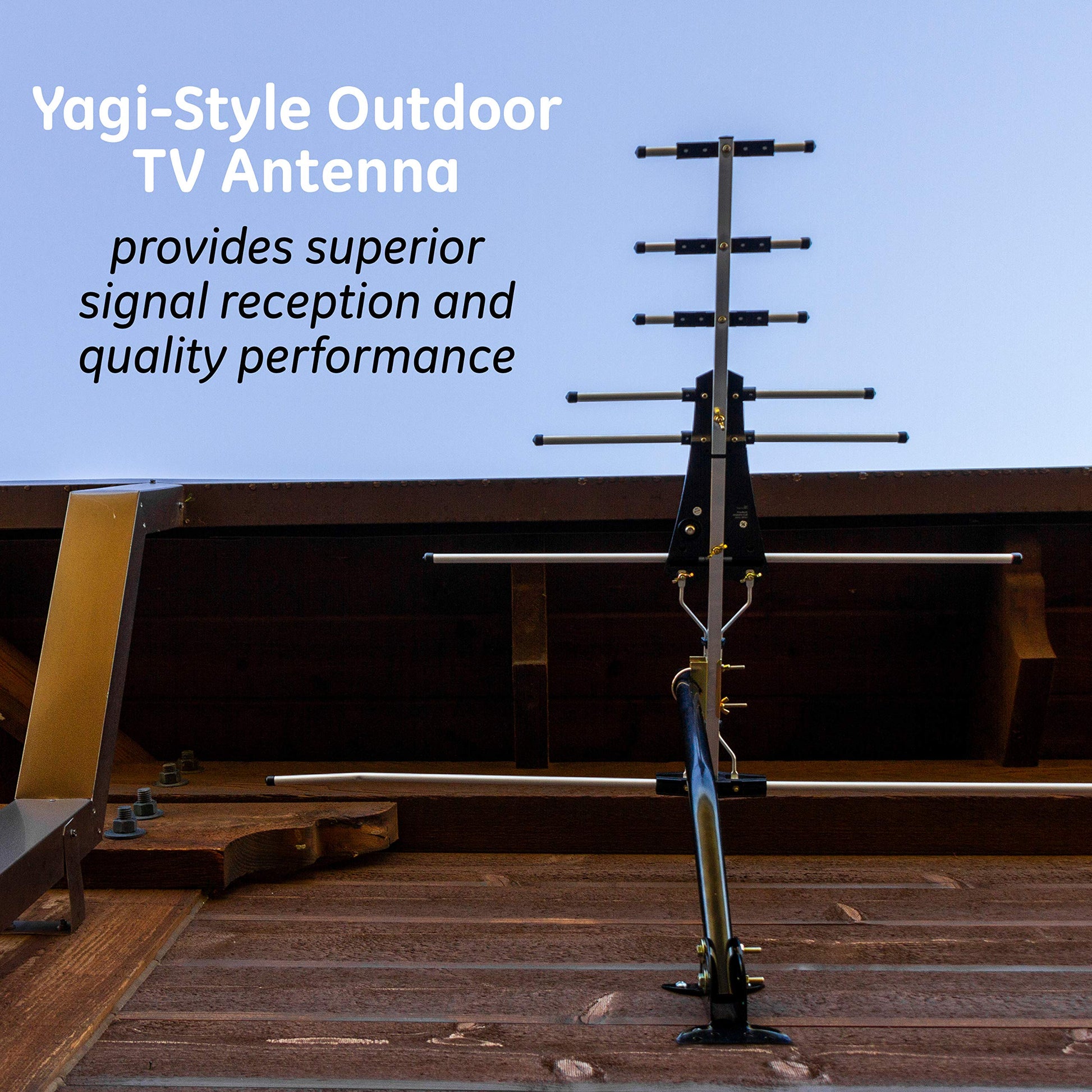 GE Outdoor HD Antena de TV Digital, Antena OTA HDTV de Largo Alcance, diseño Estilo Yagi, soporta 4K 1080P HD Smart TV VHF UHF, Montaje J Incluido para ático o Exterior, Resistente a la Intemperie,