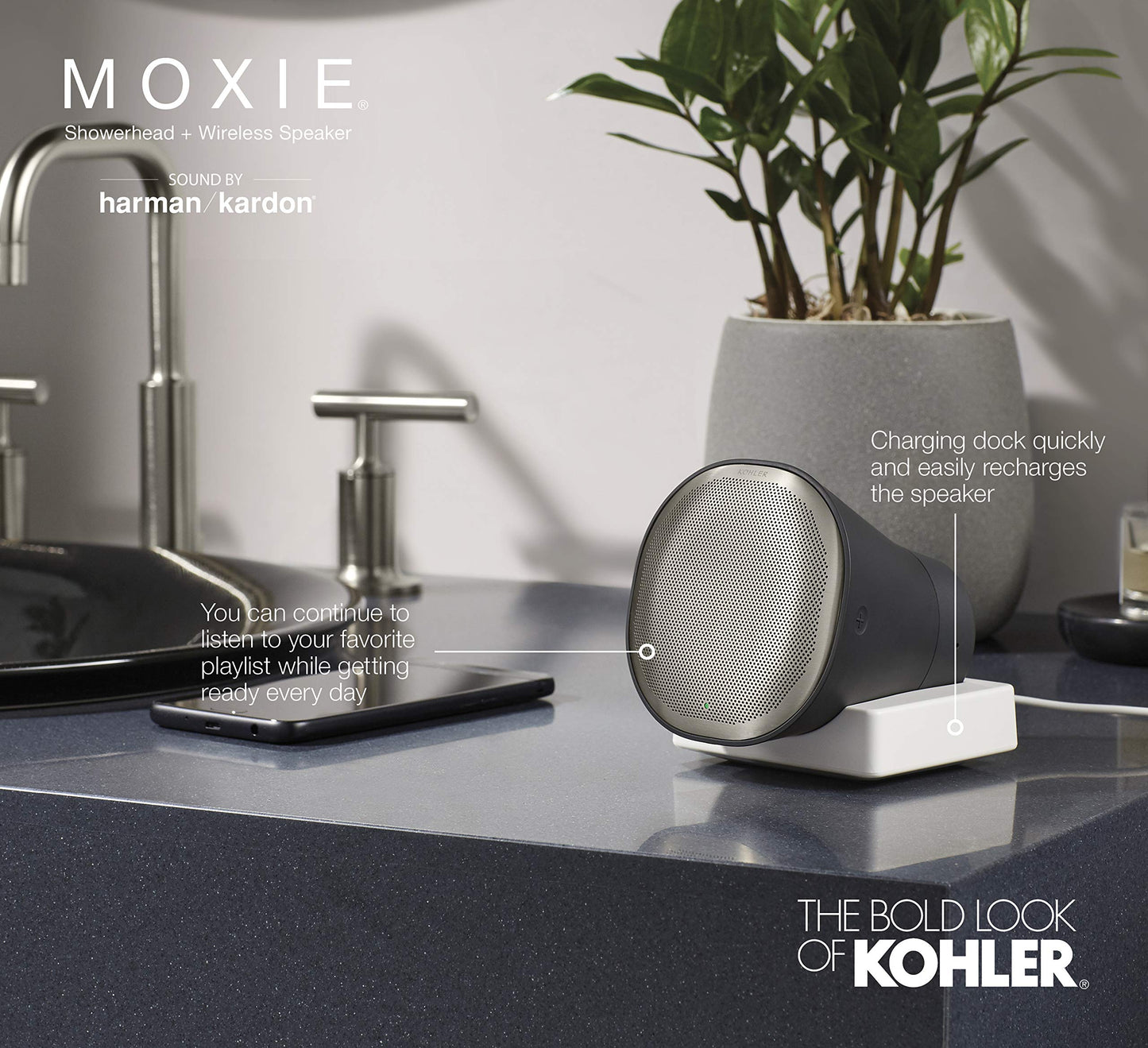 Kohler Moxie - Altavoz inalámbrico Bluetooth impermeable, 1.75 gpm, níquel cepillado
