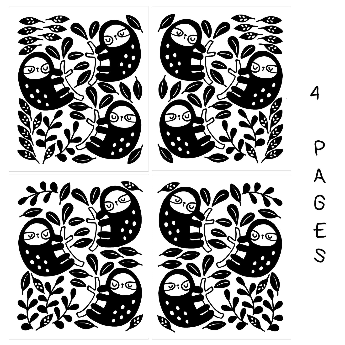 Calcomanías de pared de vinilo con diseño de perezoso y hojas, 96 unidades Decoración de guardería, diseño original de artista. Adhesivo de Animal Print para niños. Oso de la selva, hojas de decoración de dormitorio. (Negro)