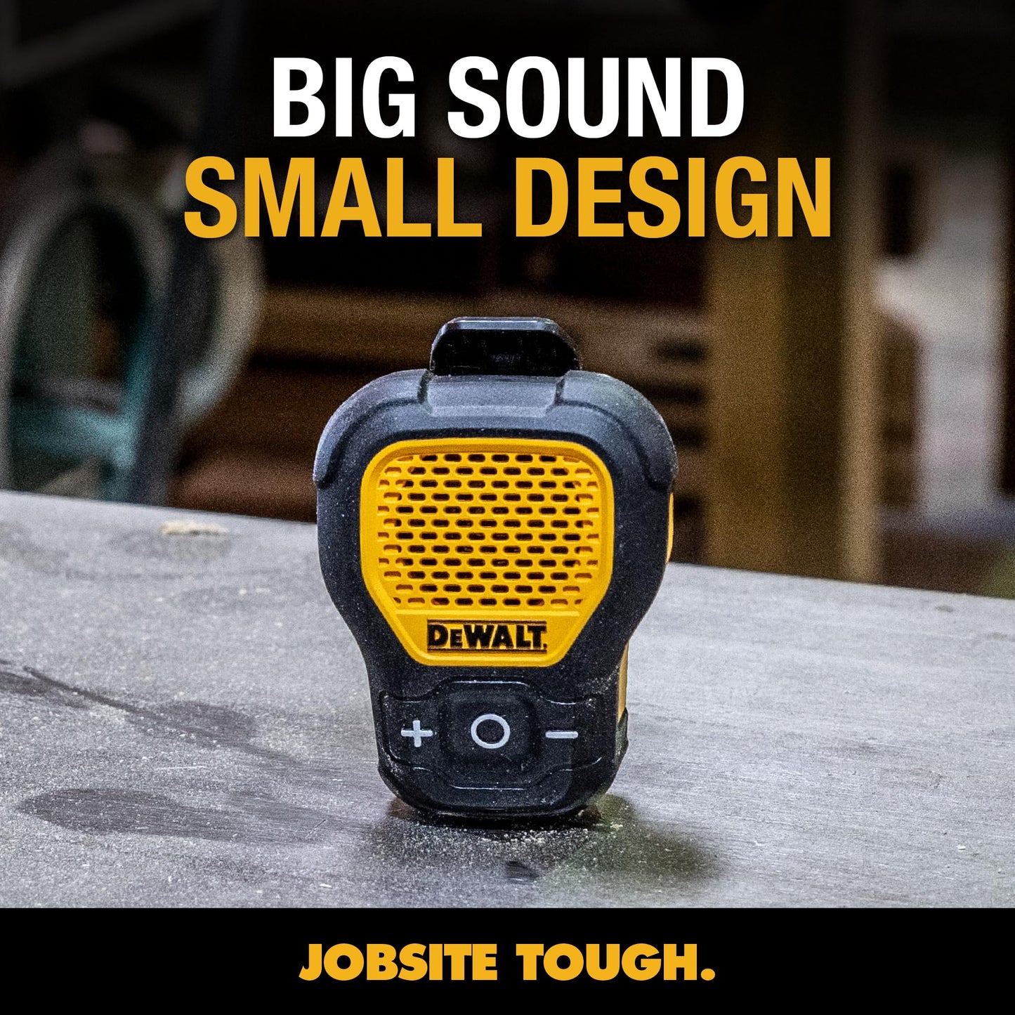 DEWALT - Bocina portátil inalámbrica Bluetooth (versión actualizada) con clip Jobsite Pro, resistente al agua, no magnético, micrófono incorporado para música y llamadas con manos libres