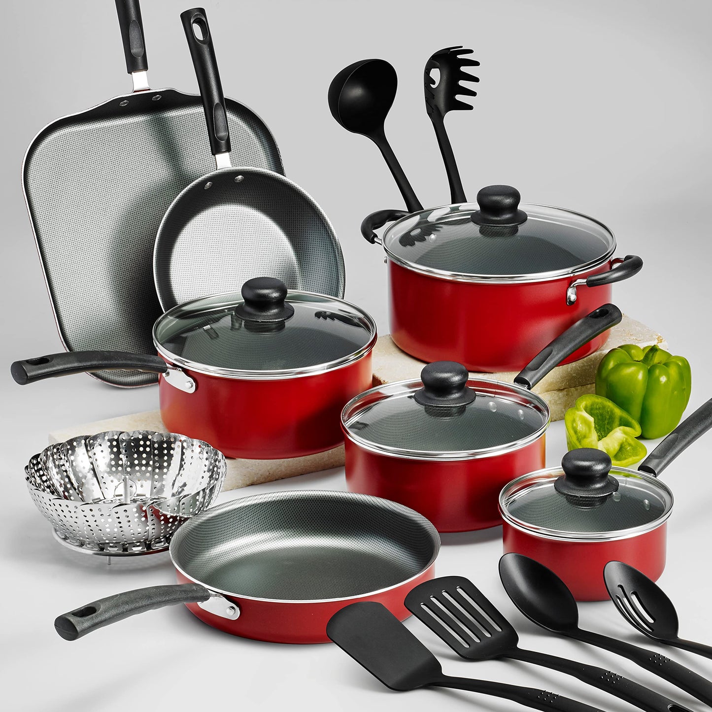 Batería de Cocina Tramontina Rojo Antiadherente Aluminio 18 Piezas