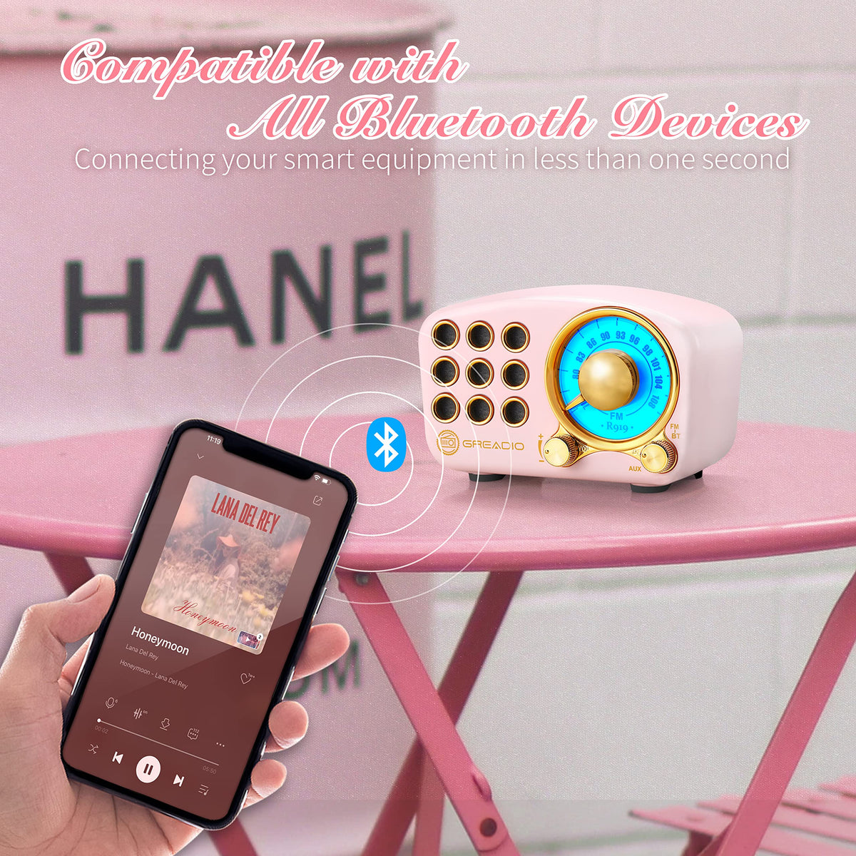 Altavoz Bluetooth Retro Greadio Rosa con Radio FM y Mejora de Graves