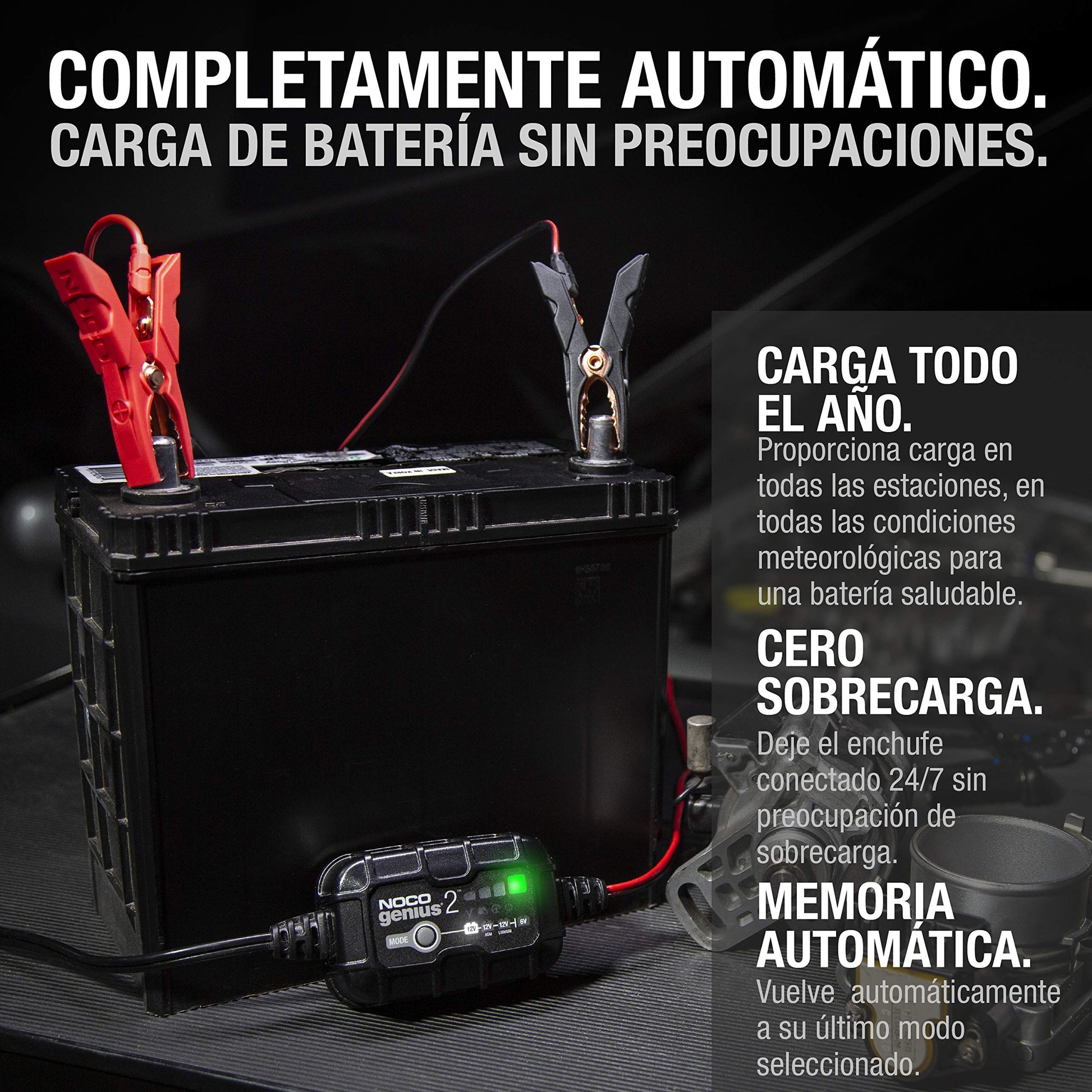NOCO GENIUS2: Cargador de batería Inteligente 6V/12V 2A – Mantenedor automático, Cargador Lento y desulfatador con protección contra sobrecarga y compensación térmica – para baterías Plomo y Litio