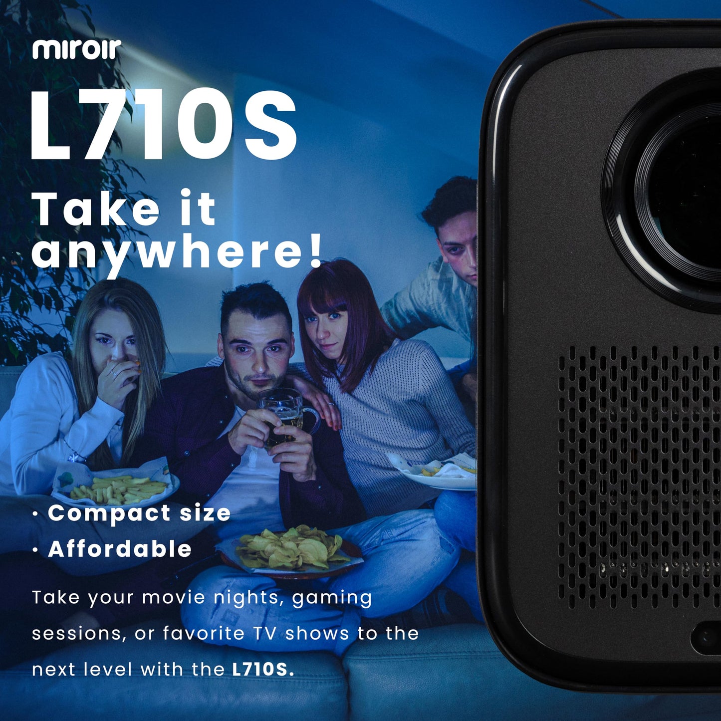 Proyector Inteligente L710S 1080p con transmisión integrada, WiFi y Bluetooth. Disfruta de imágenes increíbles con Enfoque automático y Keystone. Zoom Digital y Sonido Dolby con 2 Altavoces de 5