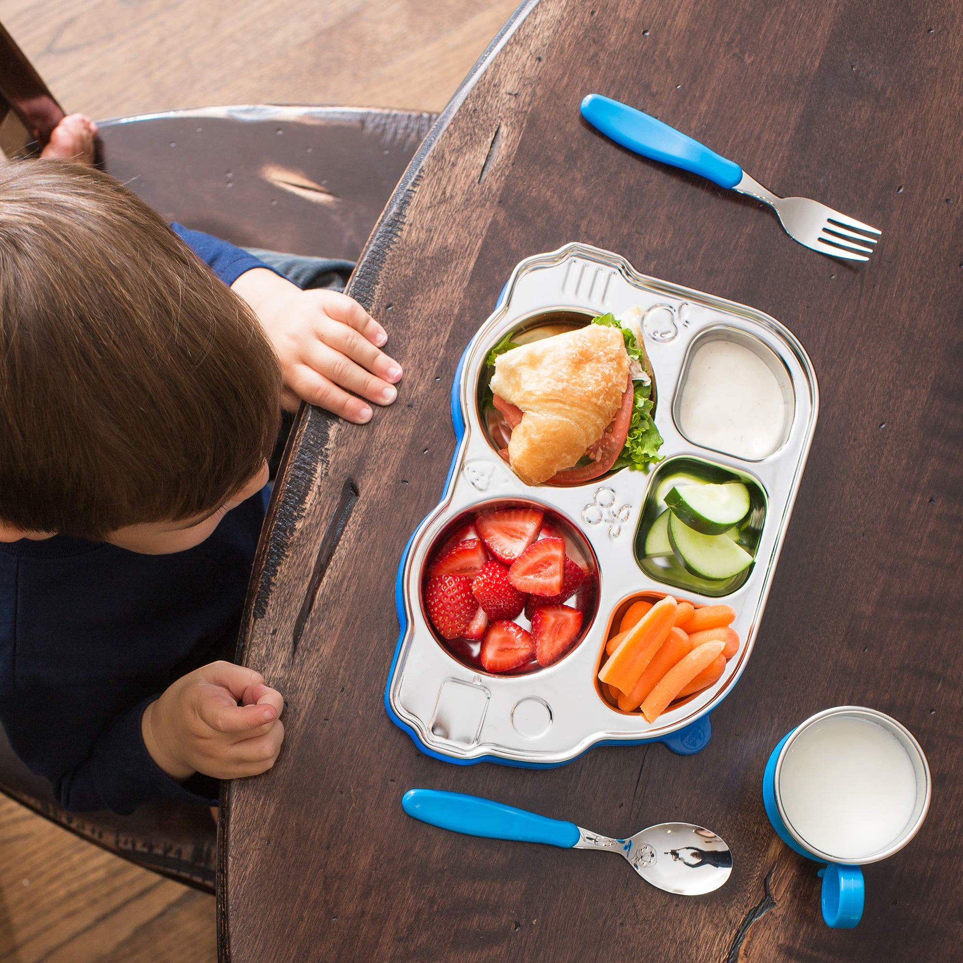 Innobaby - Placa de autobús de acero inoxidable con tapa seccional, original y resistente a fugas, placa dividida con forma divertida inventada para bebés, niños pequeños y niños, sin BPA, azul,