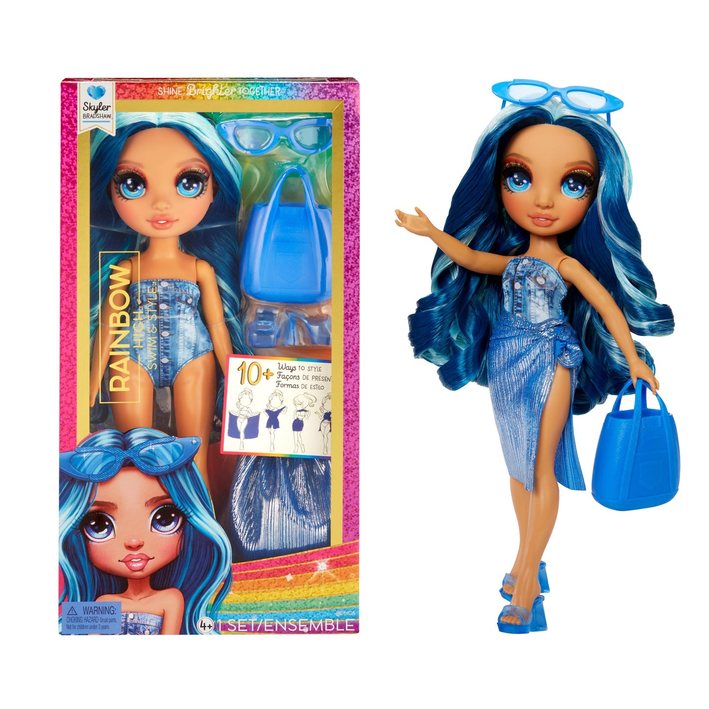 Muñeca Rainbow High Swim & Style Skyler azul con Pareo para niños y niñas