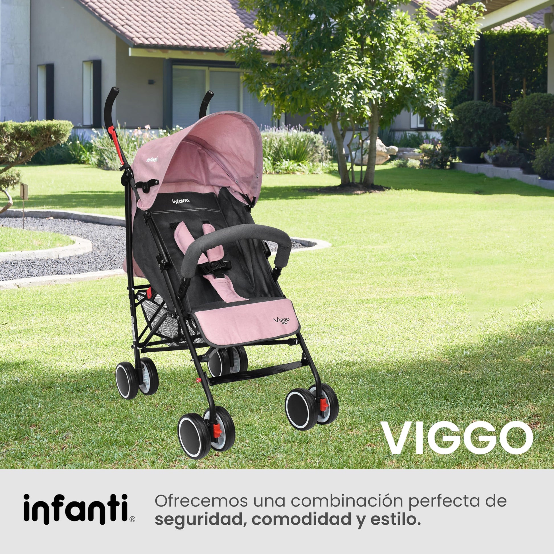 INFANTI | Carriola para Bebe VIGGO - Rosa | Carriola de Viaje - Carrito para Bebe | Cosas para Bebes 6 Meses hasta 20 kg - Compacta y Plegable | Carriola con Toldo extensible y Arnés de Seguridad
