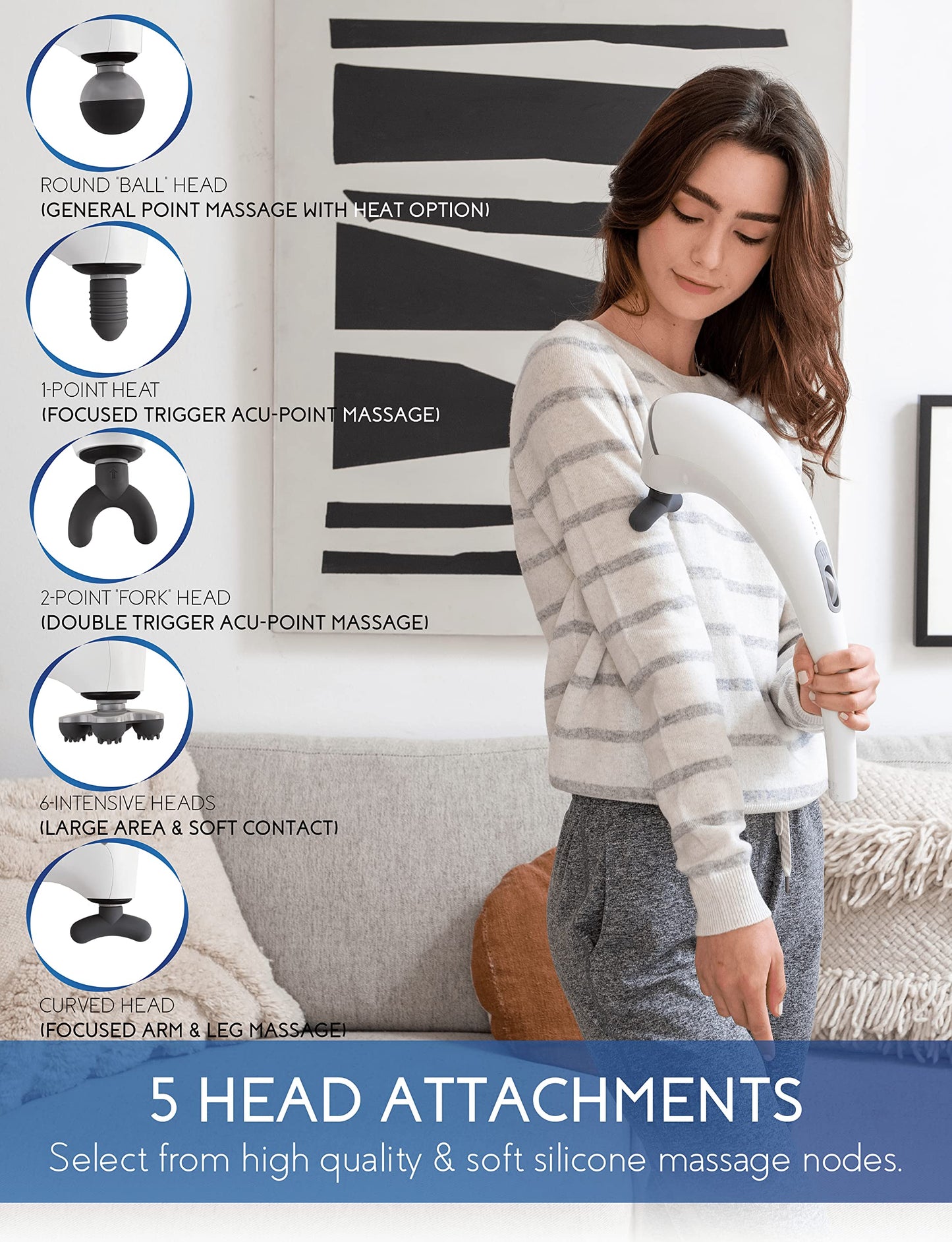 Zyllion Masajeador de mano para espalda y cuello, inalámbrico, recargable, eléctrico, vibrante, masaje de tejido profundo con calor para atletas, recuperación y alivio del dolor muscular, color blanco (ZMA-27-WT)