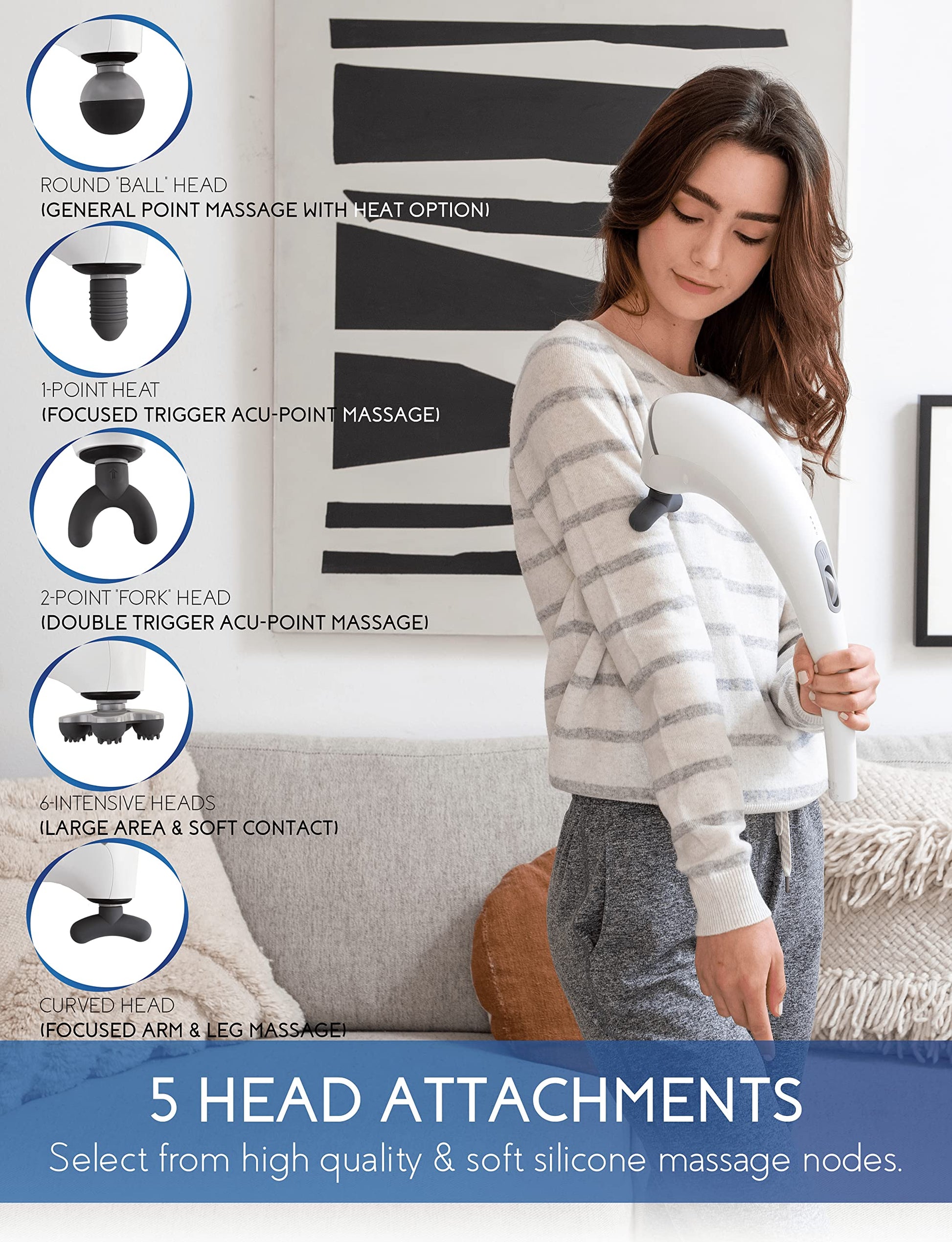 Zyllion Masajeador de mano para espalda y cuello, inalámbrico, recargable, eléctrico, vibrante, masaje de tejido profundo con calor para atletas, recuperación y alivio del dolor muscular, color blanco (ZMA-27-WT)