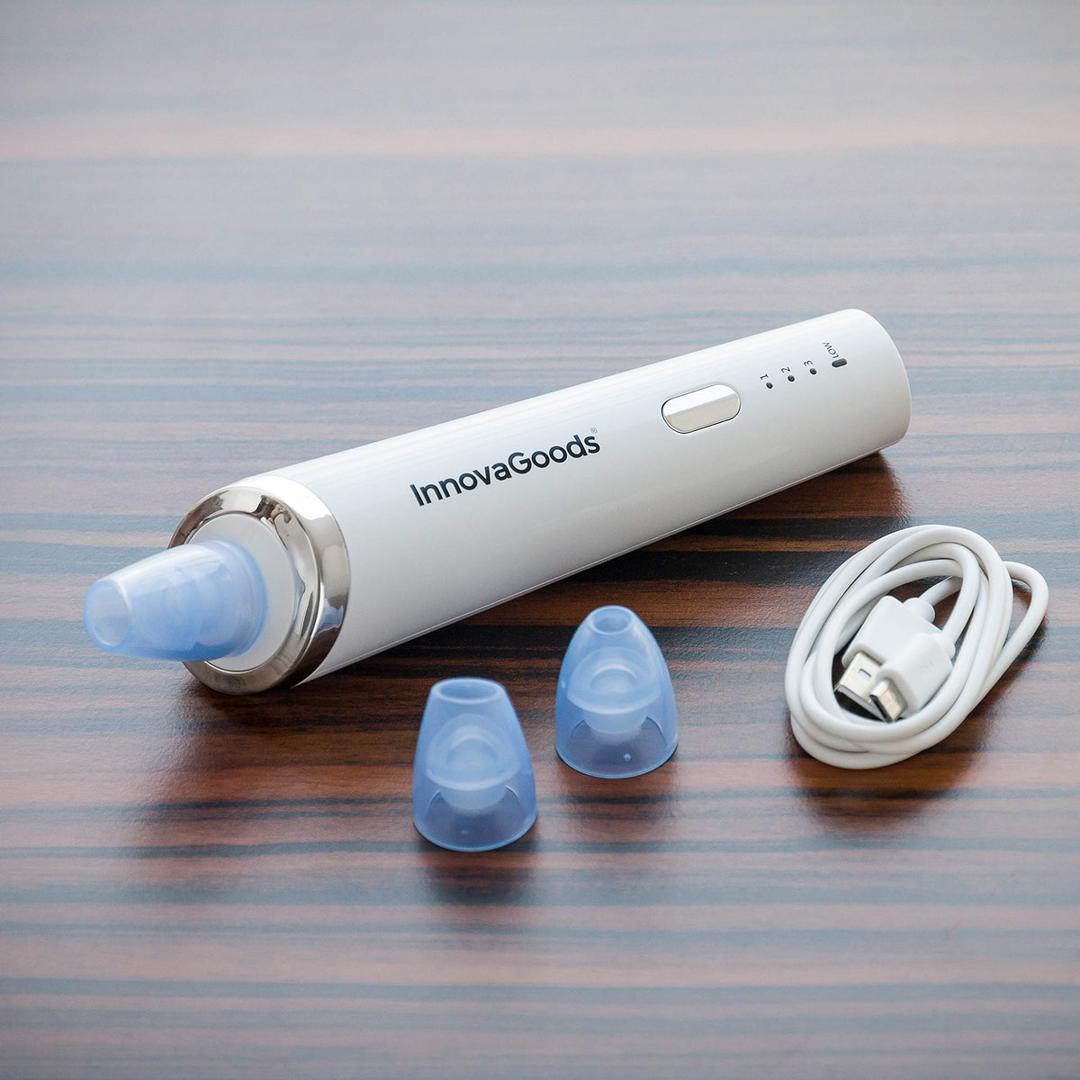 InnovaGoods - Limpiador Facial Eléctrico de Puntos Negros e Impurezas Recargable USB con 3 Cabezales Intercambiables, Removedor Aspirador de Puntos Negros, Limpiador de Poros
