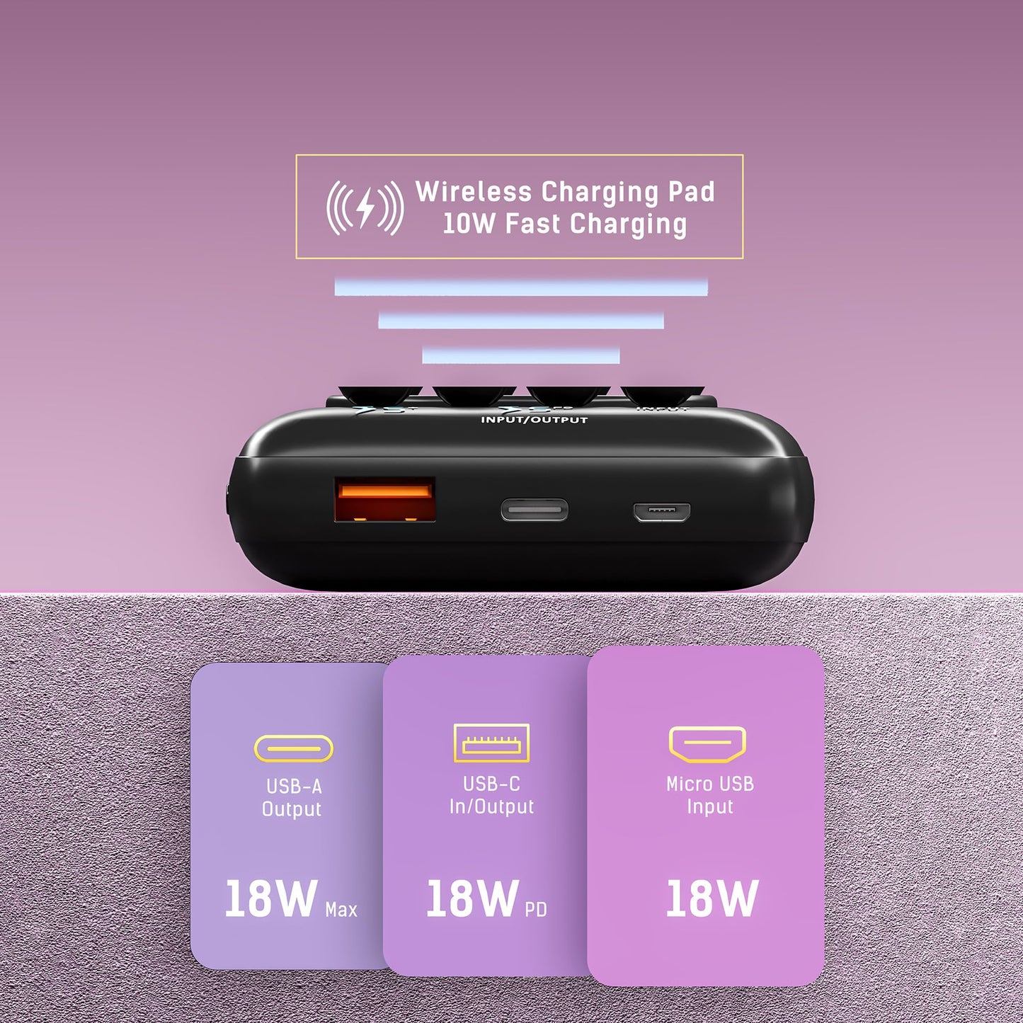 Banco de Energía Techsmarter Violeta Potente, 20000 mAh, USB-C PD 18 W para iPhone y Galaxy