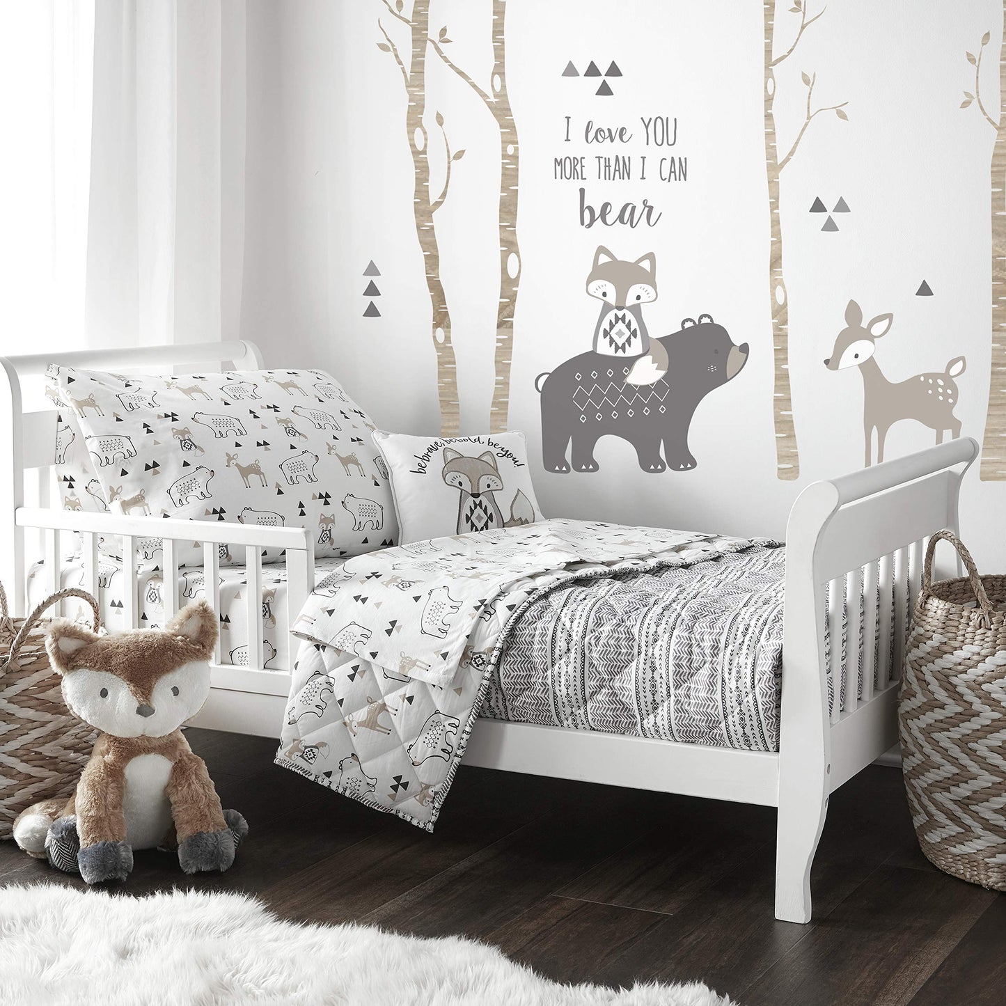 Levtex Baby Bailey Bear, animales, bosque, carbón, beige, blanco, juego de 5 piezas para niños pequeños, ropa de cama neutra para niños, edredón reversible, sábana bajera, sábana encimera, funda de