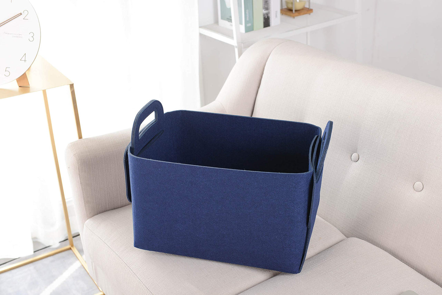 Minoisome - Cesta de almacenamiento de fieltro plegable y conveniente organizador con asas de transporte para oficina, recámara, clóset, bebés, guardería, juguetes, ropa (azul marino, 15.7 pulgadas de