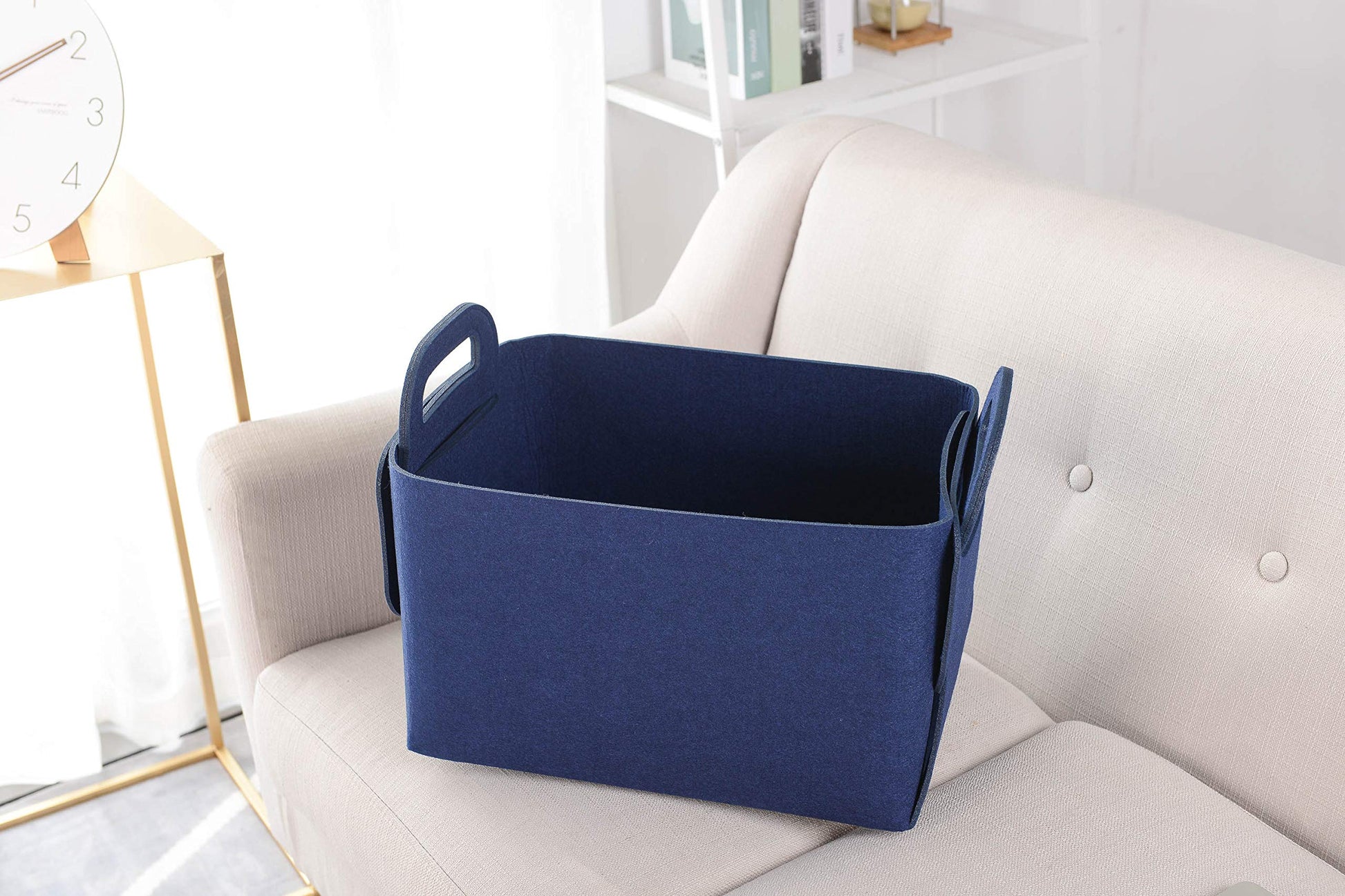 Minoisome - Cesta de almacenamiento de fieltro plegable y conveniente organizador con asas de transporte para oficina, recámara, clóset, bebés, guardería, juguetes, ropa (azul marino, 15.7 pulgadas de