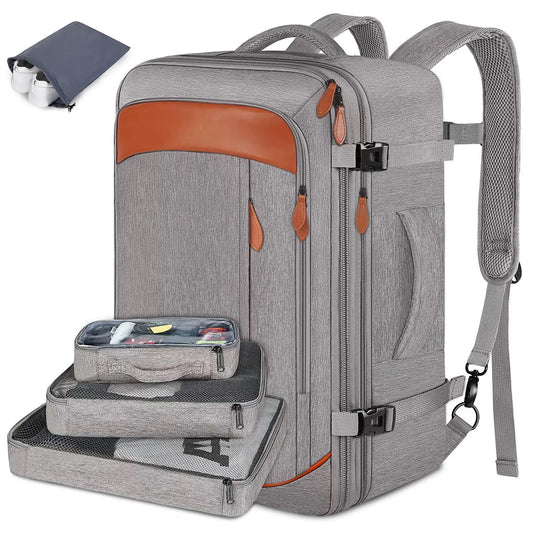 Juego de mochila de viaje de 5 piezas, mochila de equipaje certificada por vuelo extra grande 40 L, maleta expandible con 4 bolsas de almacenamiento, mochila de negocios impermeable, unisex (Gris)