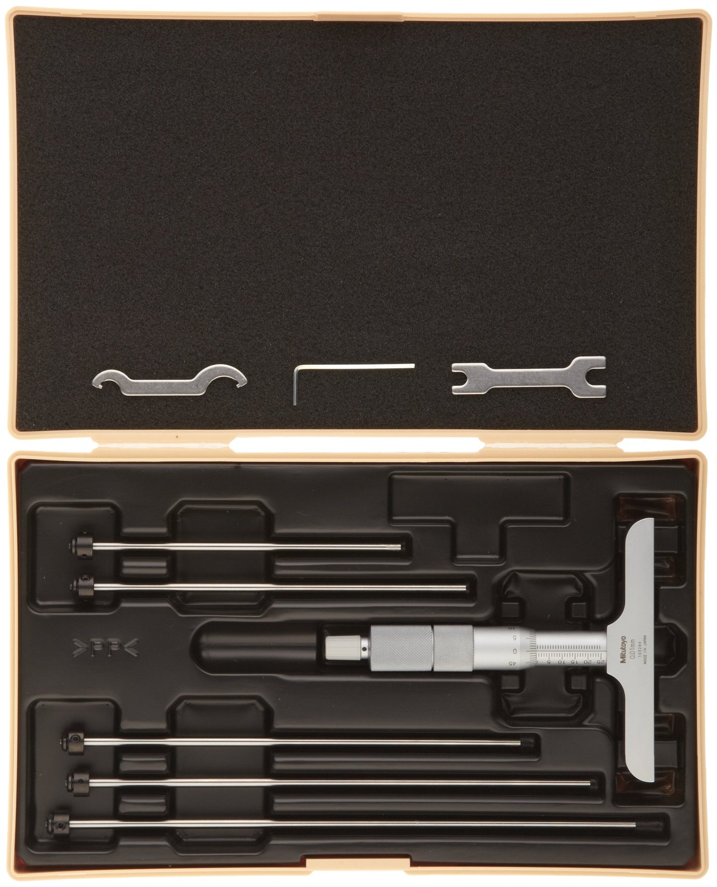 Medidor de Profundidad Mitutoyo Vernier Micrómetro con Varillas Intercambiables Rango 0-100 mm Graduación 0.001 mm Precisión +/-0.0033 mm Base 101.6 mm x 16 mm