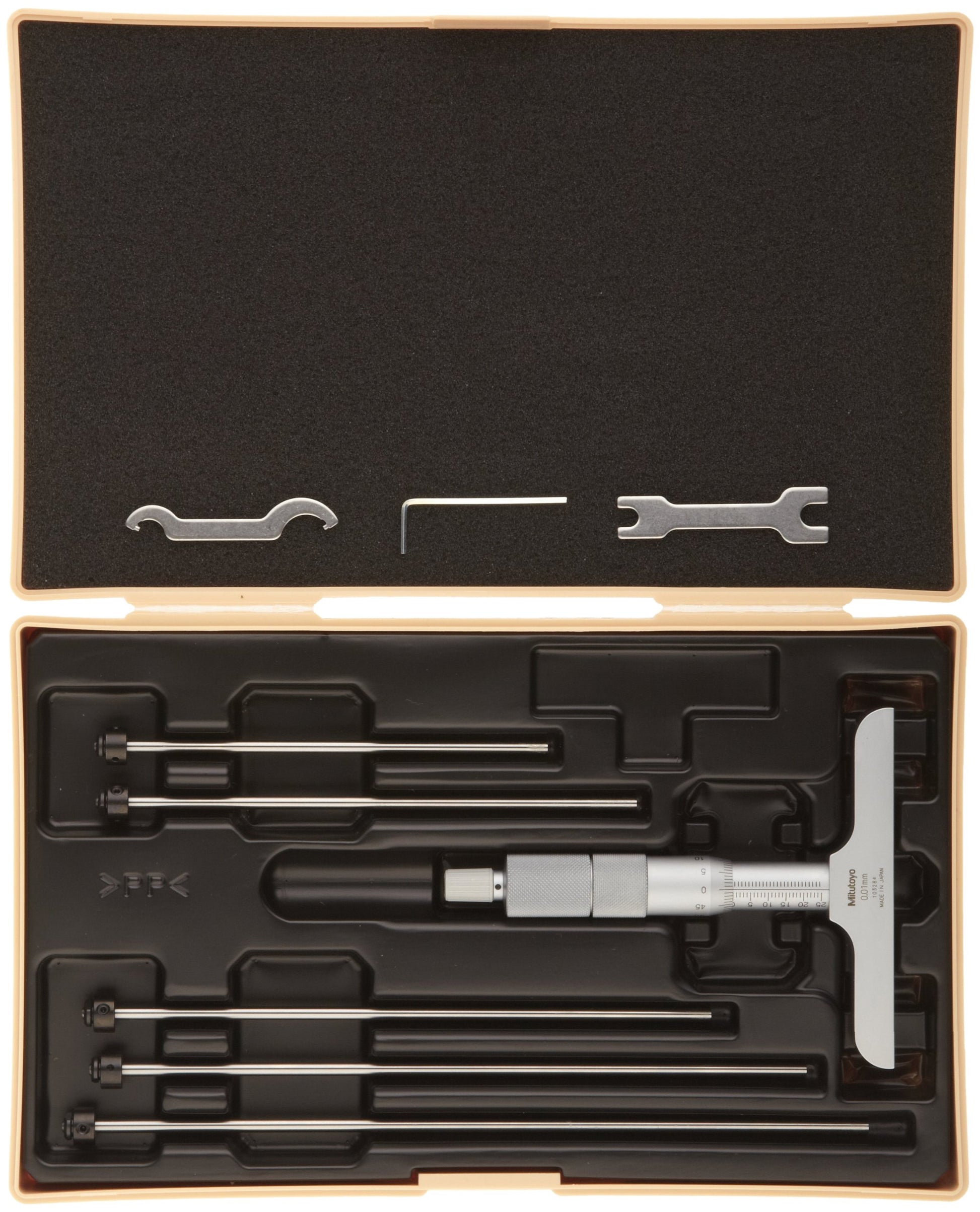 Medidor de Profundidad Mitutoyo Vernier con Varillas Intercambiables, Tipo Micrómetro, Rango 0-100 mm, Graduación 0.001 mm, Precisión +/-0.0033 mm, Base 63.5 mm x 16 mm