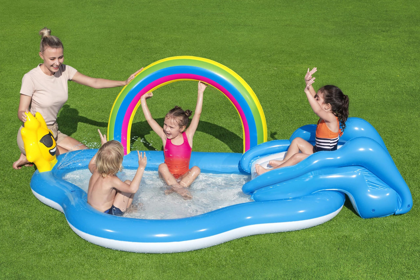 Bestway 53092 Wasserspielcenter mit Planschbecken Rainbow n Shine - Centro acuático con Piscina Infantil (257 x 145 x 91 cm), Color