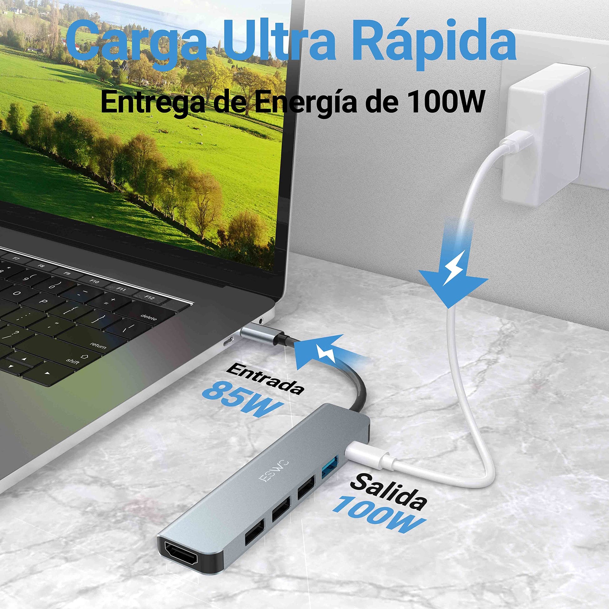 JESWO USB C HUB, 6 en 1 Adaptador Multipuerto USB C a HDMI 4K, USB 3.0, 3*USB 2.0, USB C 100W PD Carga, OTG Tipo C Compatible con MacBook, MacBook Pro, Macbook Air, DELL, Surface etc.