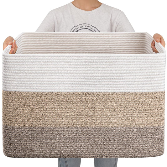OIAHOMY - Cesta de manta súper grande de 108 L, 25 x 16 x 16 pulgadas, cestas tejidas rectangulares para almacenamiento, cesta de cuerda de algodón para sala de estar, almacenamiento de juguetes con