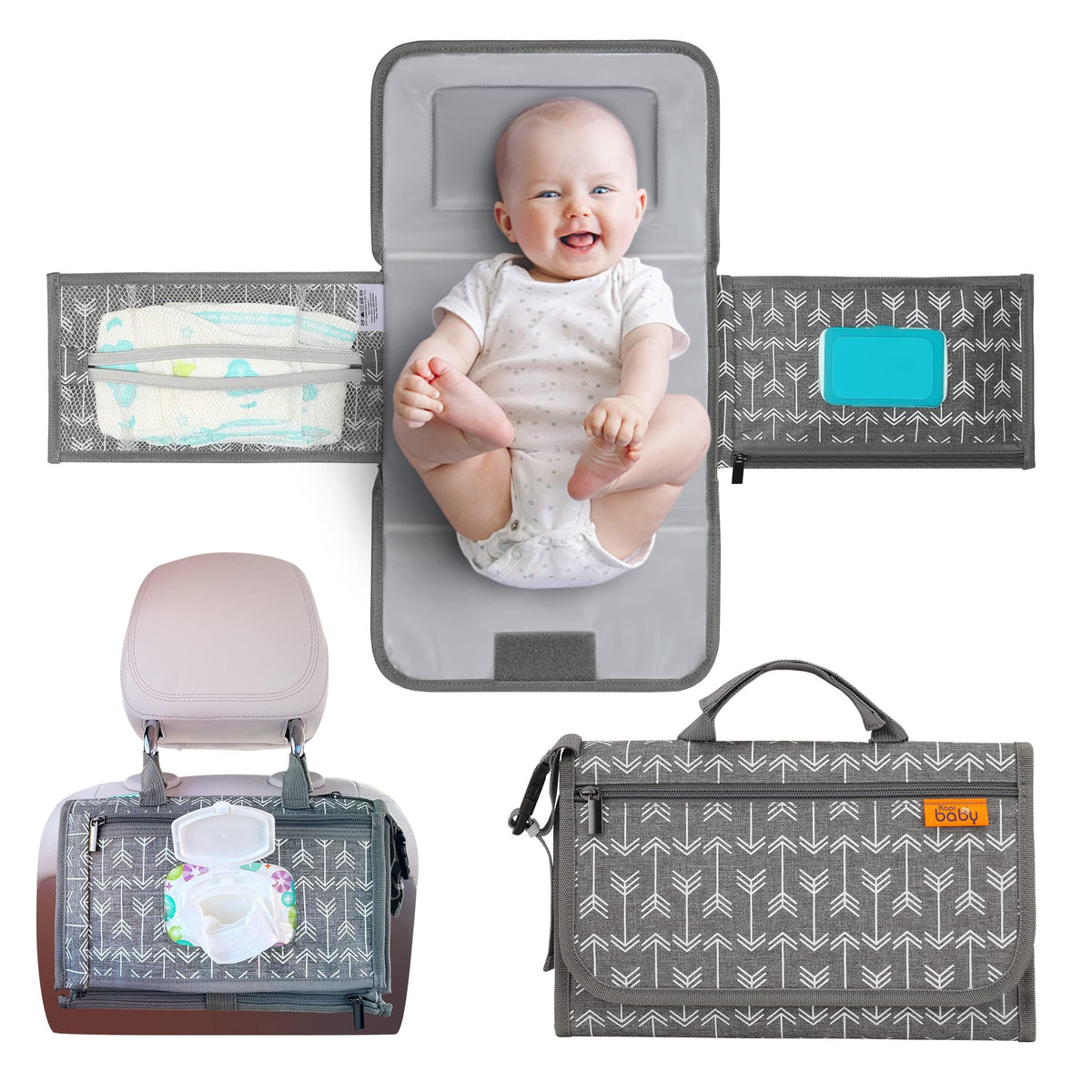 Kopi Baby - Cambiador de pañales portátil para bebé, bolsa de viaje con bolsillo para toallitas, tapete cambiador portátil de diseño inteligente, kit de estación de viaje para bebés, regalo para niñas