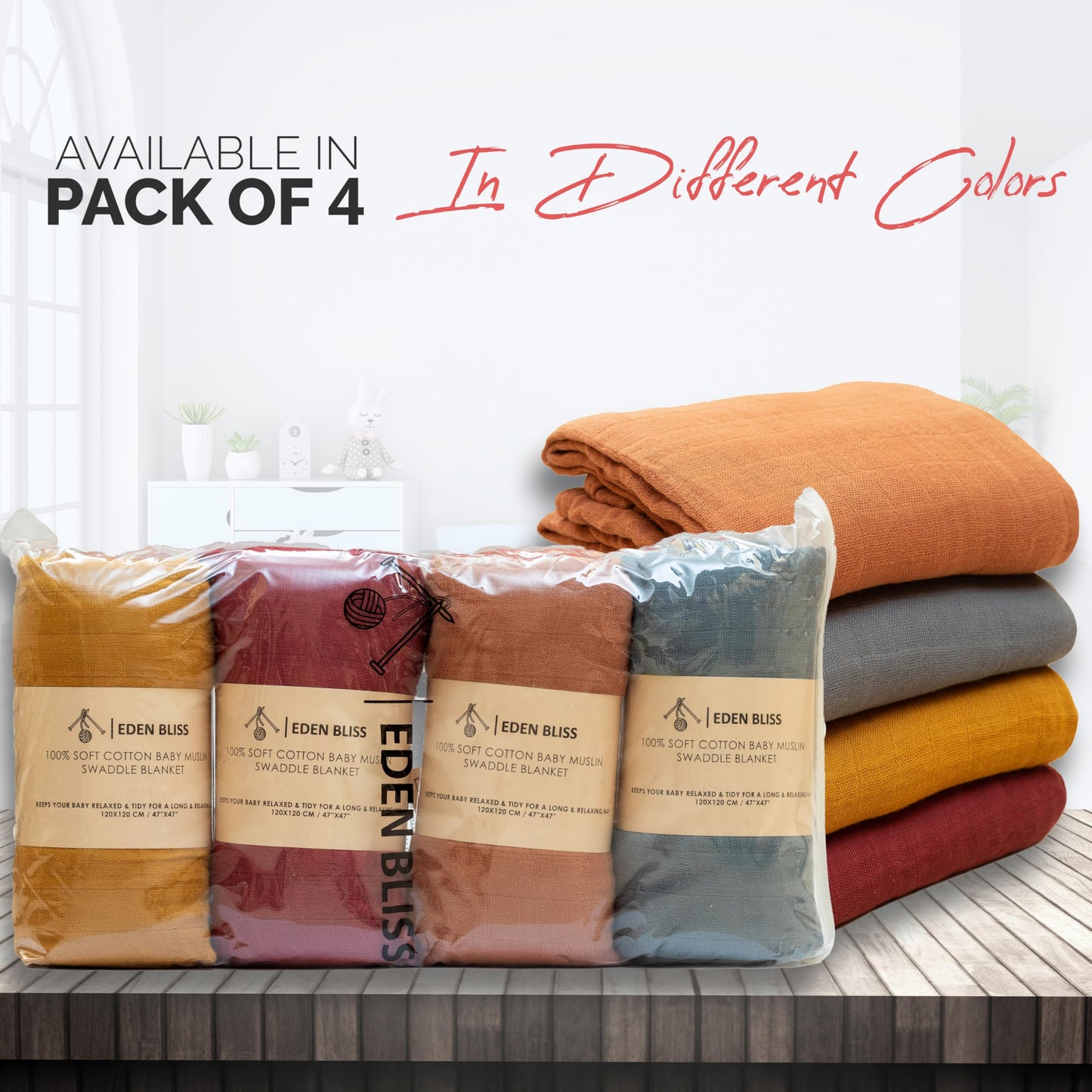 Eden Bliss Pack - Mantas para bebé para bebé, manta de muselina de algodón suave para bebé niño y niña, 47 x 47 pulgadas, unisex, ligeras para recibir recién nacidos, gris, amarillo, granate, arena,
