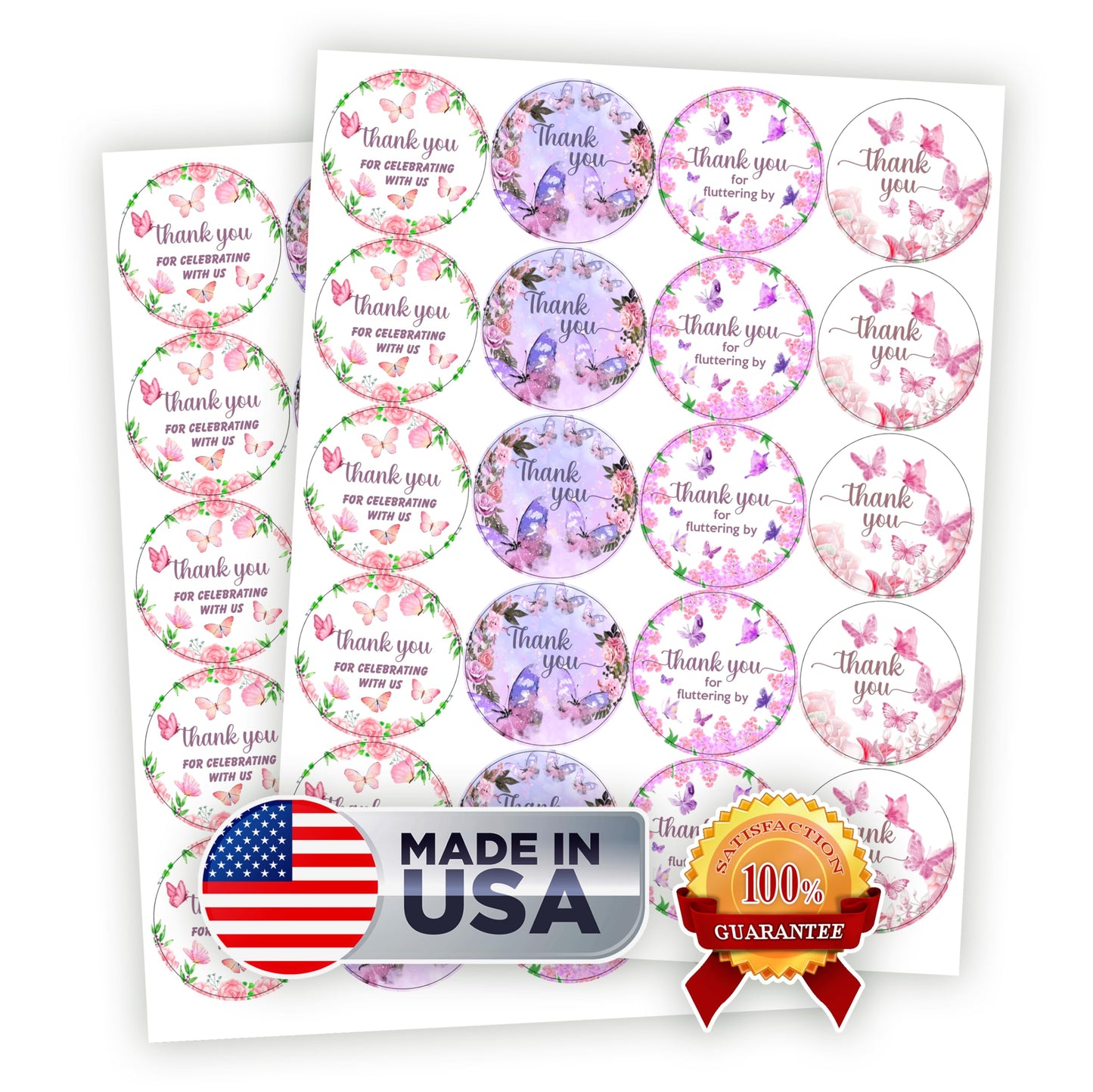 Mariposa 40 pegatinas de agradecimiento, etiquetas brillantes redondas grandes de 2 pulgadas, tema para baby shower, cumpleaños, boda, despedida de soltera, ideal para recuerdos de fiesta, etiquetas, juegos y suministros. Fabricado en Estados Unidos