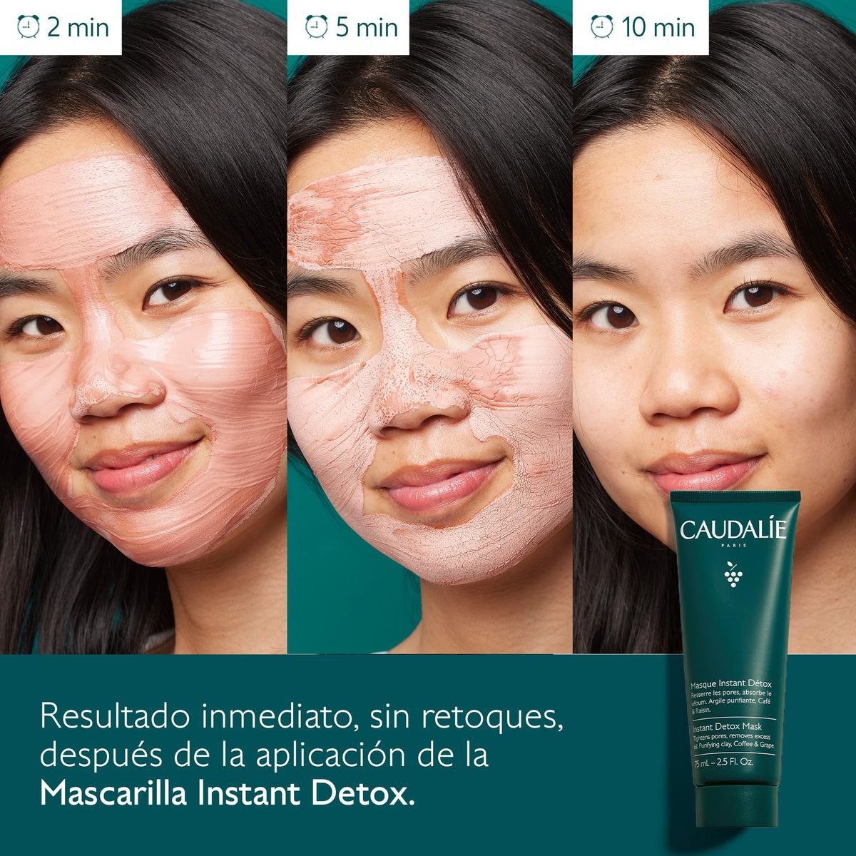 CAUDALIE Instant Detox Mascarilla de Arcilla Rosa, Limpia Poros - 75 mL