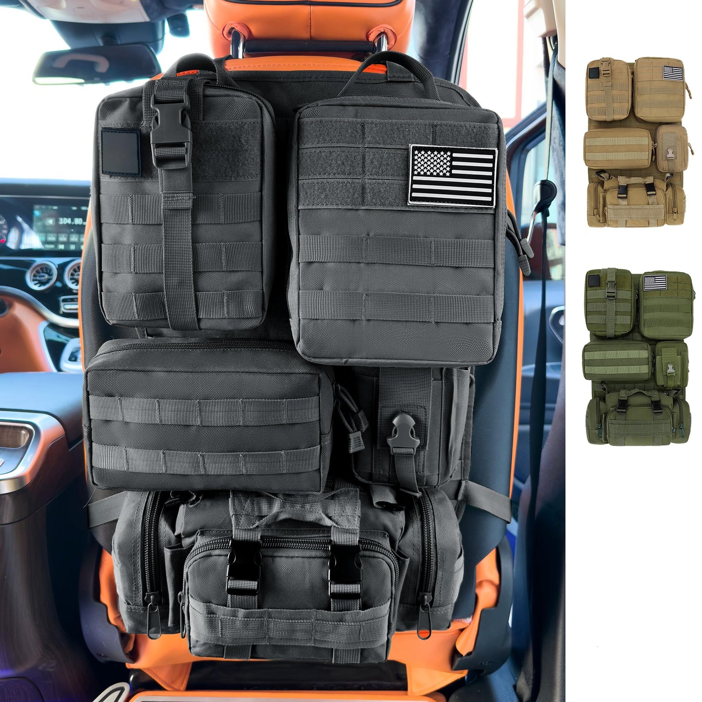 HMLIN OUTOOORS Paquete de 6 organizadores tácticos MOLLE para asiento de coche, negro, universal, con 5 bolsas MOLLE desmontables, parche y llavero de la bandera de Estados Unidos