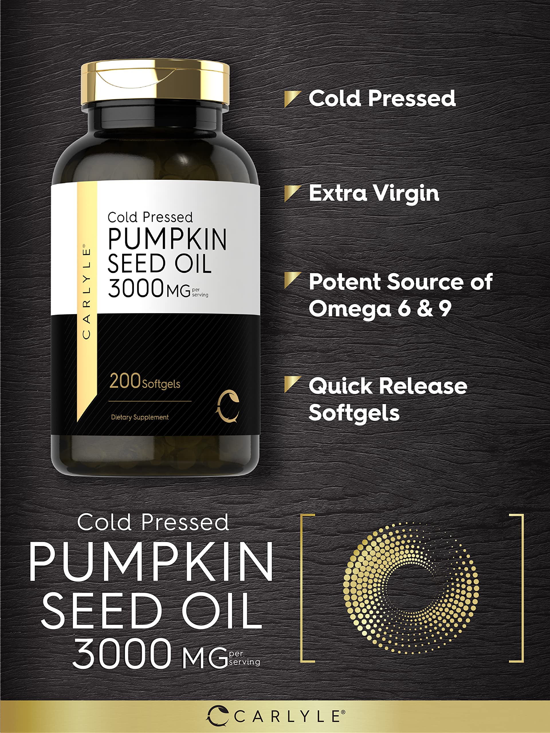 Carlyle Aceite de Semilla de Calabaza 3000mg 200 Cápsulas - Ácidos Grasos - Urinario - Piel - Corazón - Digestión - Hecho en USA