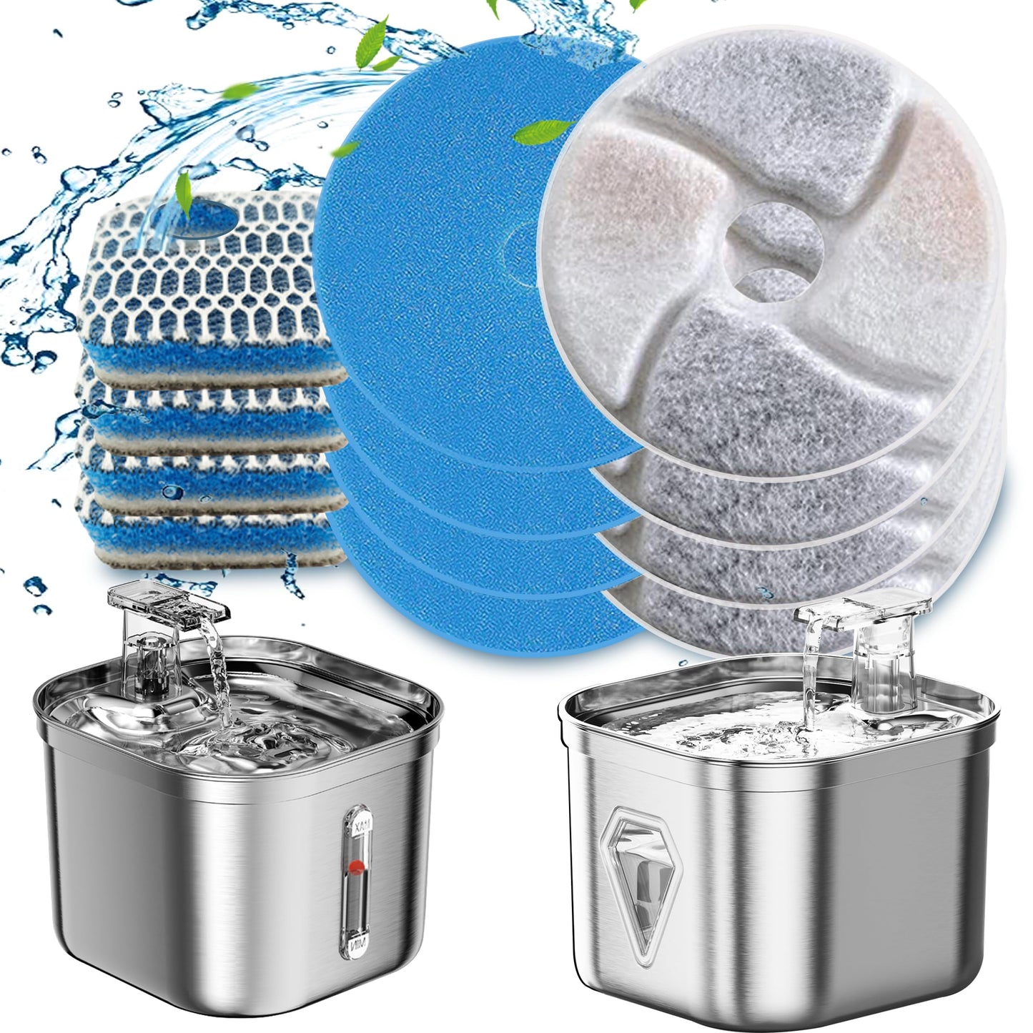 Homtyler - Filtros de fuente de agua cuadrados de acero inoxidable para gatos, paquete de 6 filtros de fuente de gato, 3 sistemas de triple filtración, filtros de carbón activado para filtro