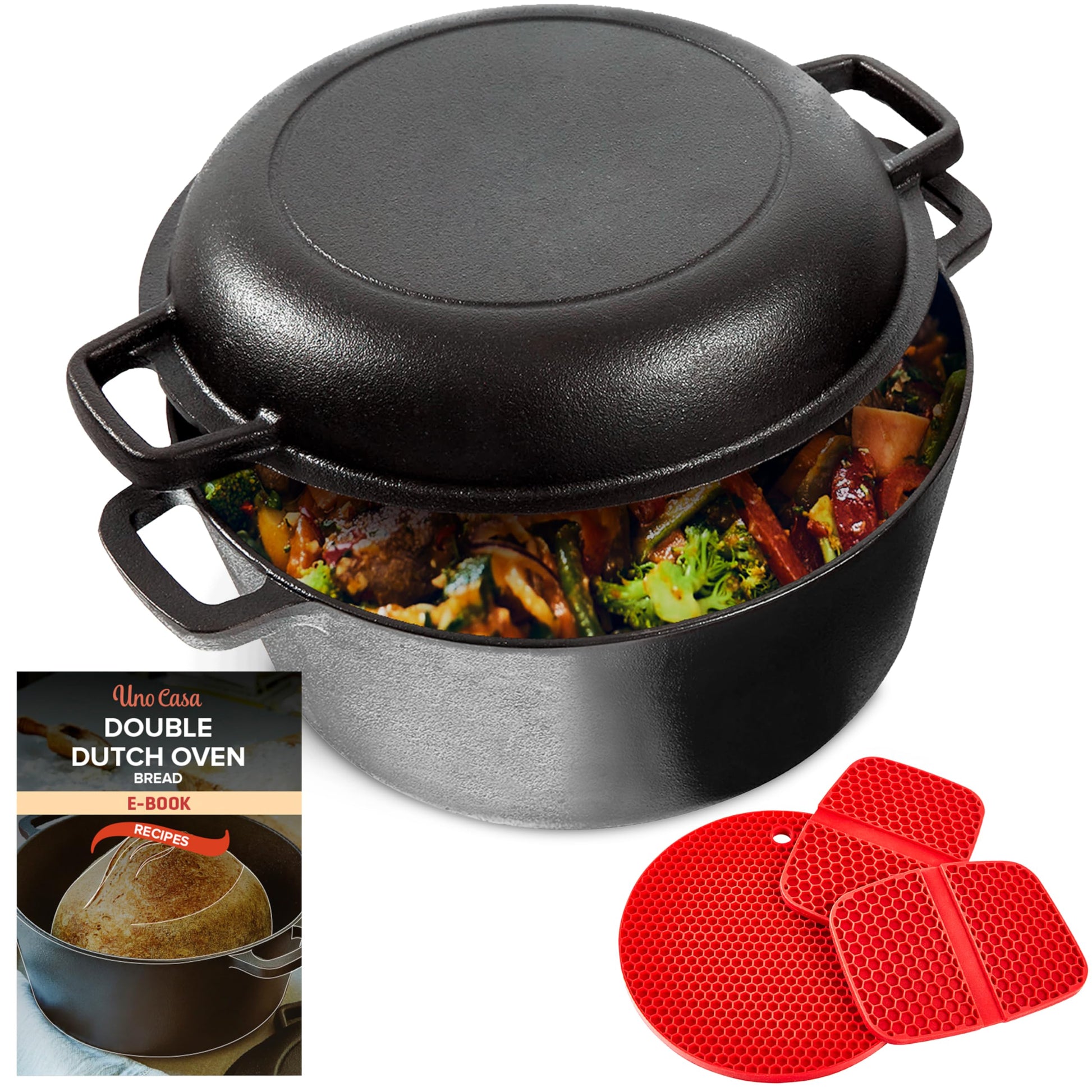Uno Casa Olla holandesa de hierro fundido con tapa - Juego de cocina 2 en 1 presazonado con olla de 4,7 litros y sartén de 1,5 litros
