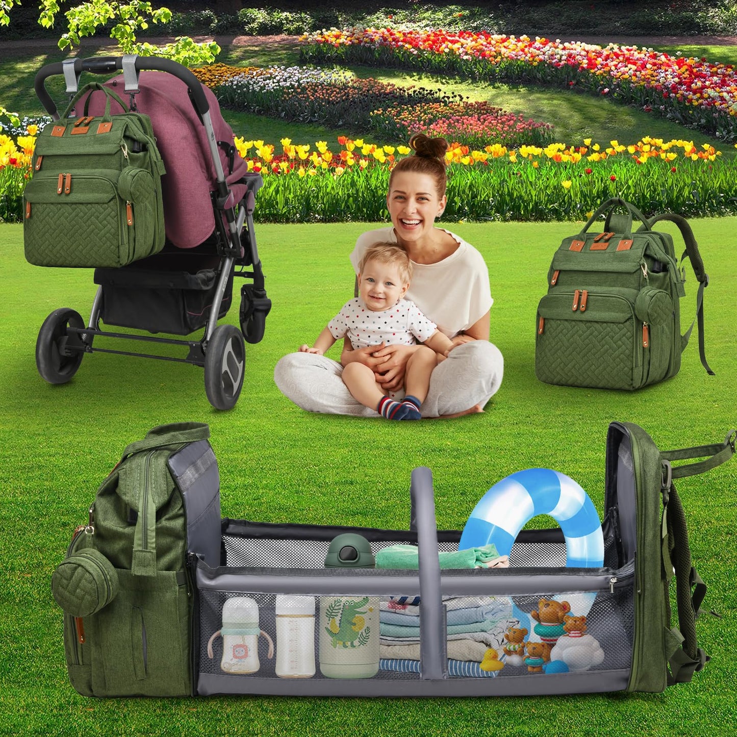 AHNTTGS - Bolsa de pañales con estación cambiadora, mochila de pañales de gran capacidad para mamás papás con puerto de carga USB, mochila impermeable para pañales (verde militar)