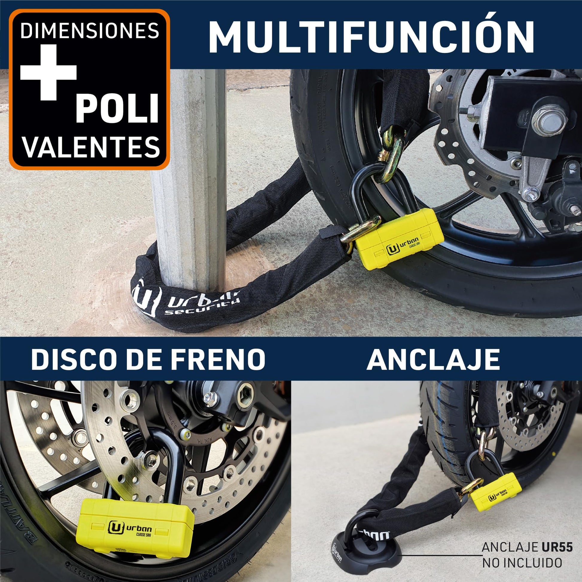 urban UR74120 Candado Cadena Antirrobo Moto Alta Seguridad Homologado Classe SRA, Mini U Bloqueo Disco + Cadena ø13.5, 120 cm, Amarillo
