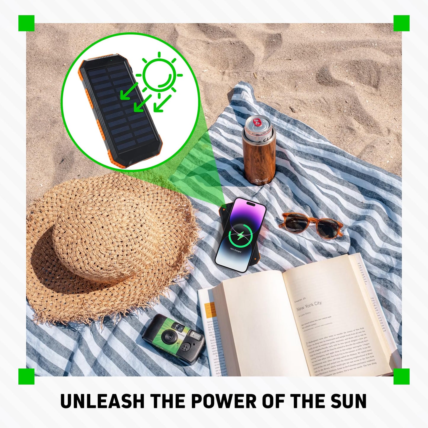 CHARGEWORX - Banco de energía Solar con 2 Puertos USB-A más Puertos de Carga USB-C y Micro-USB, Capacidad de 15.000 mAh, Incluye brújula y linternas LED duales, Ideal para Camping, Senderismo y más