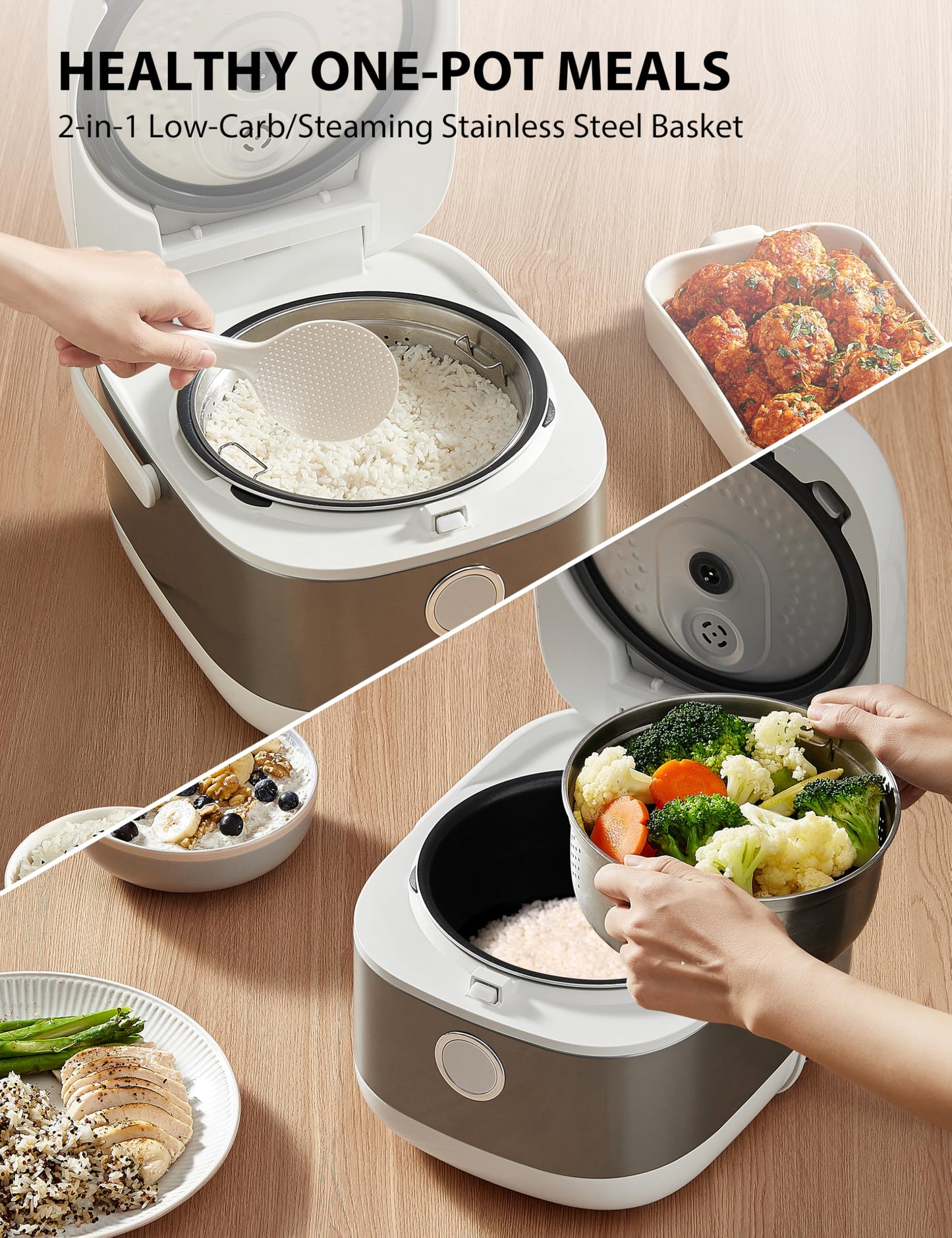 Olla de Arroz Toshiba Blanca con Calefacción por Inducción, Baja en Carbohidratos y Azúcar, Vaporizador Digital, 8 Funciones de Cocción, Temporizador de 24 Horas