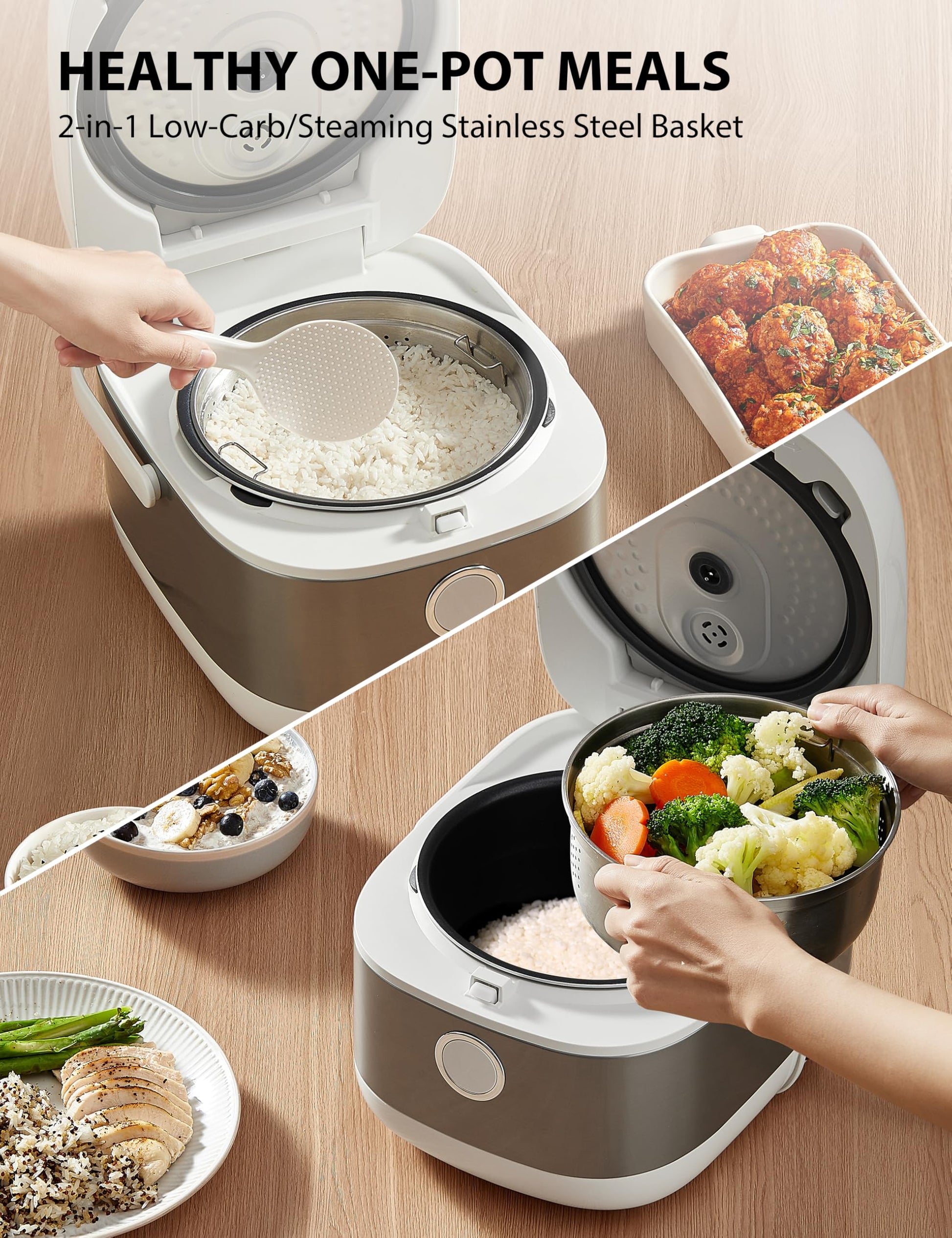 Olla de Arroz Toshiba Blanca con Calefacción por Inducción, Baja en Carbohidratos y Azúcar, Vaporizador Digital, 8 Funciones de Cocción, Temporizador de 24 Horas